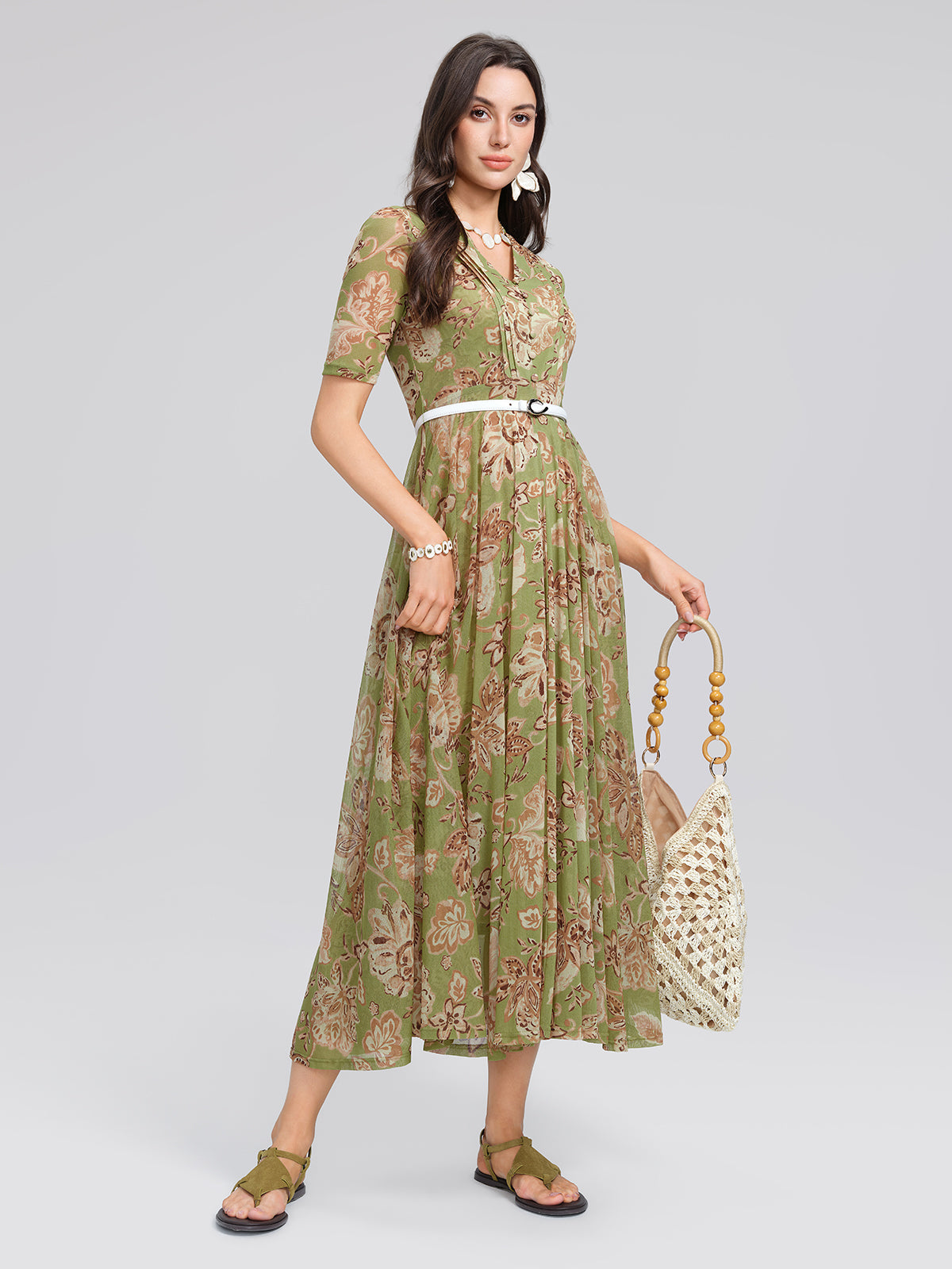 Stretch Print V-neck Pleated Belted Flare Dress (Belt Included)