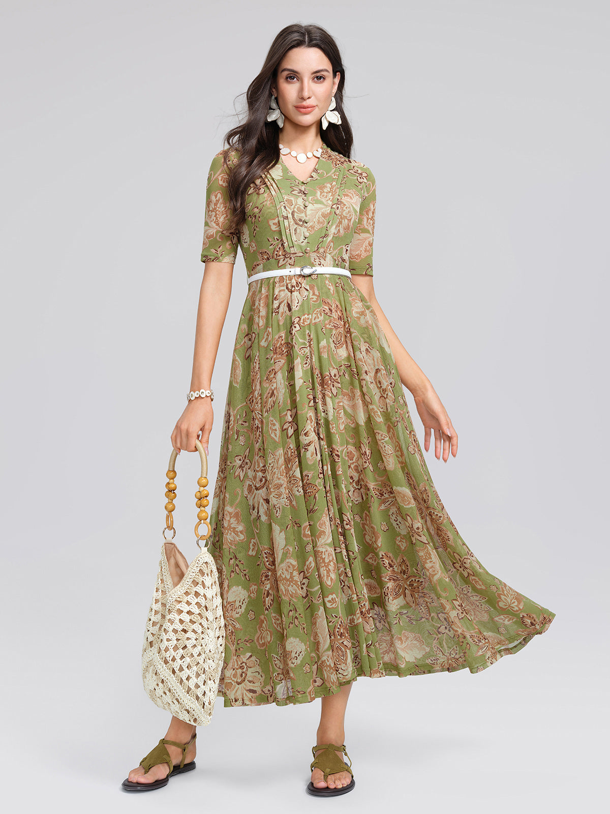 Stretch Print V-neck Pleated Belted Flare Dress (Belt Included)