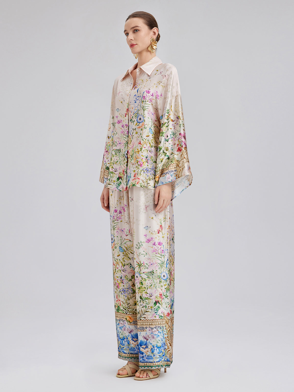 Silk Satin Floral Print Pants (100% Silk)