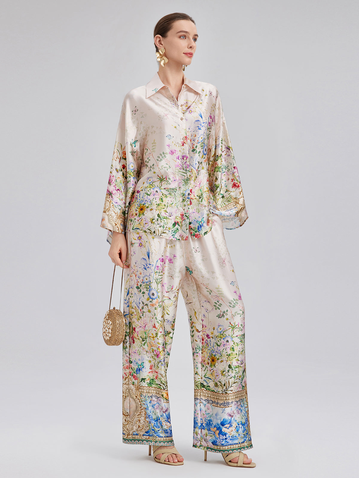 Silk Satin Floral Print Pants (100% Silk)