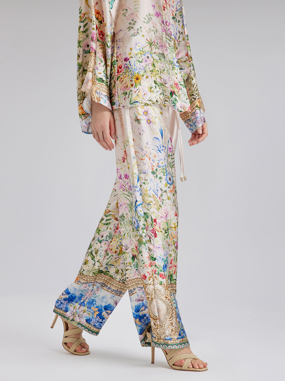 Silk Satin Floral Print Pants (100% Silk)