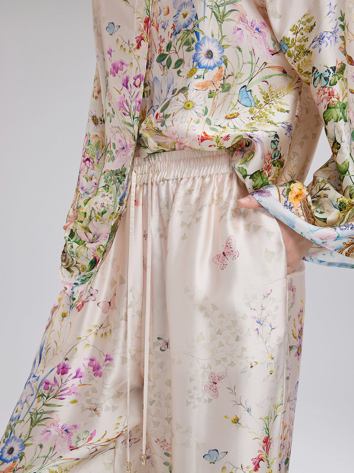 Silk Satin Floral Print Pants (100% Silk)