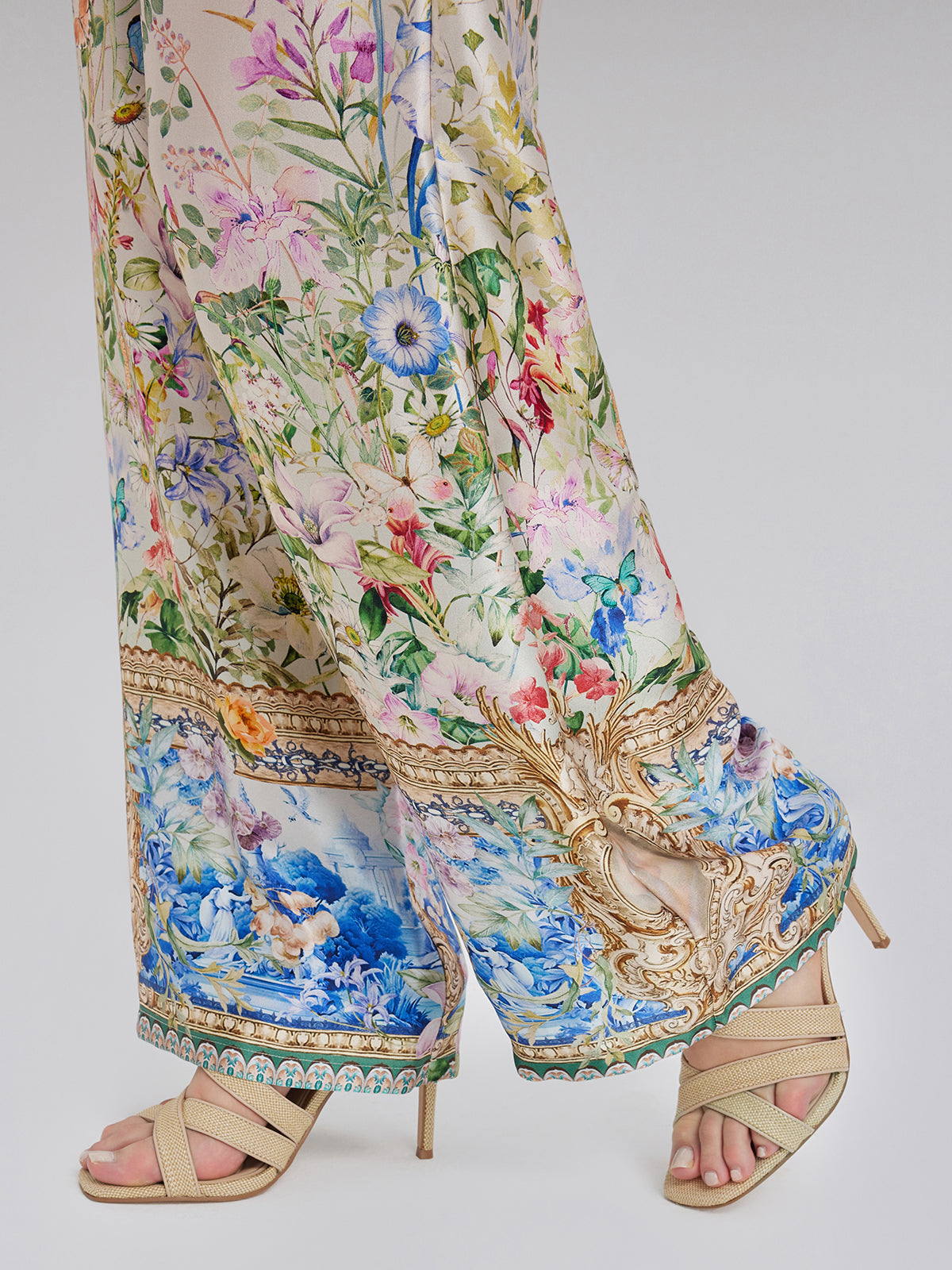 Silk Satin Floral Print Pants (100% Silk)