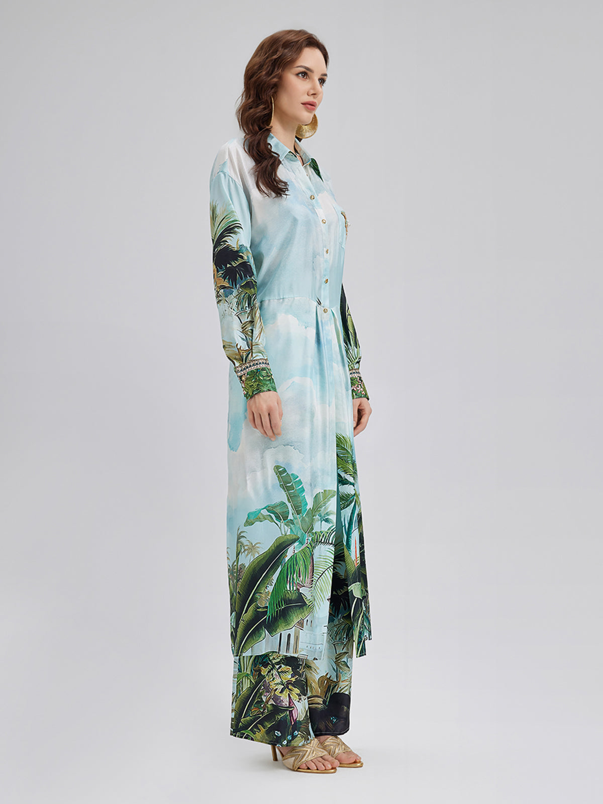 Silk Palm Print Tie Shirt