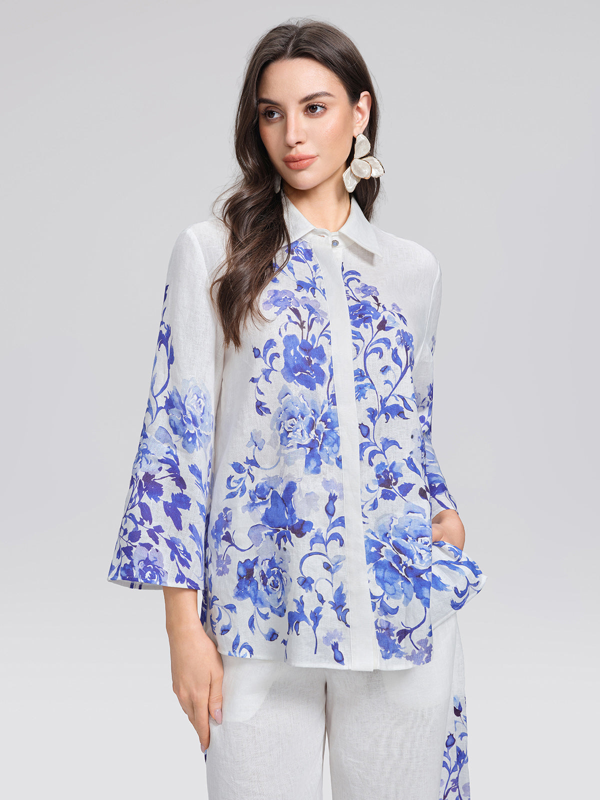 100% Linen Lapel Flared Sleeve Shirt