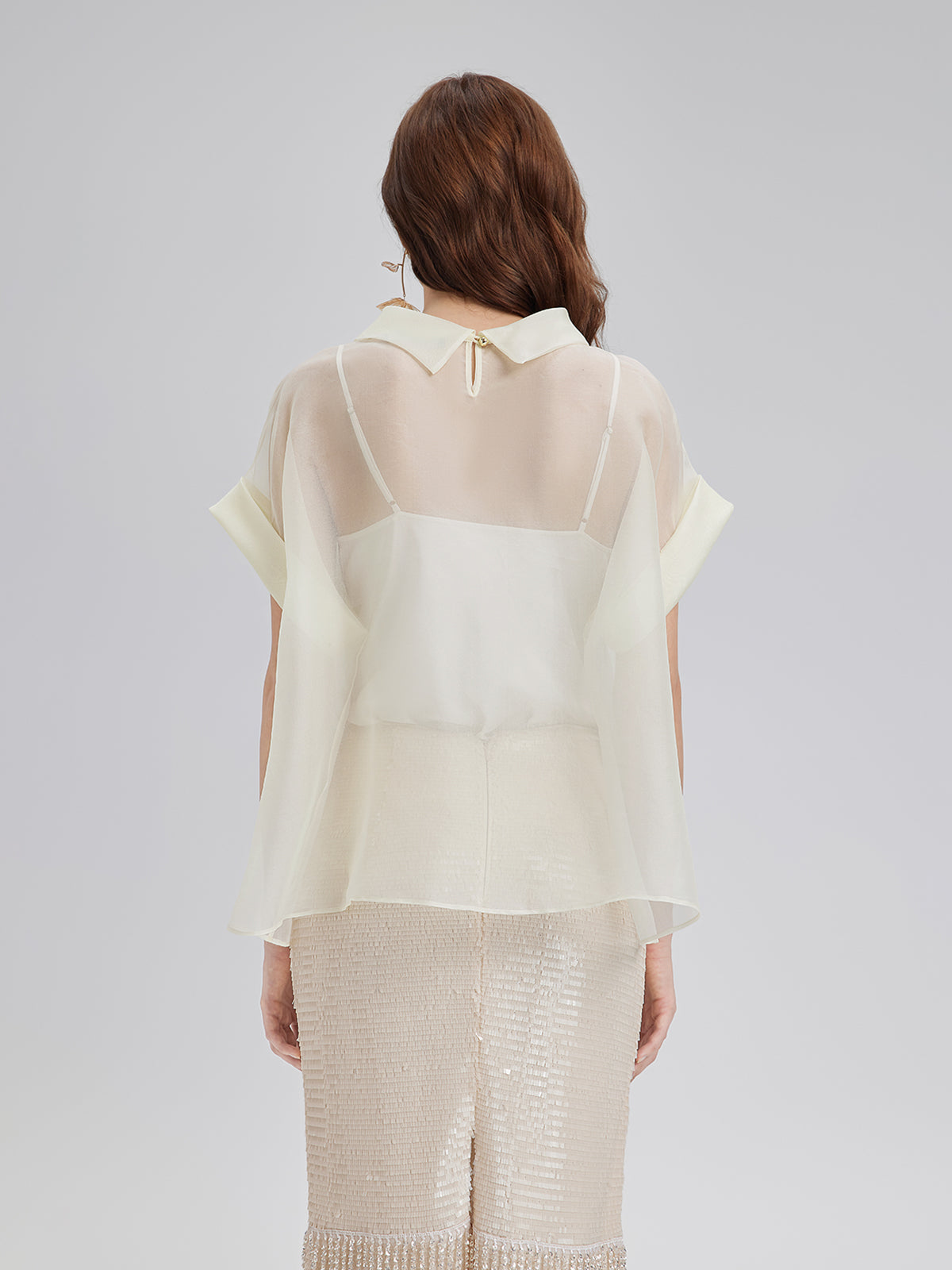 Silk 3D Sequin Embroidered Short-Sleeve Top