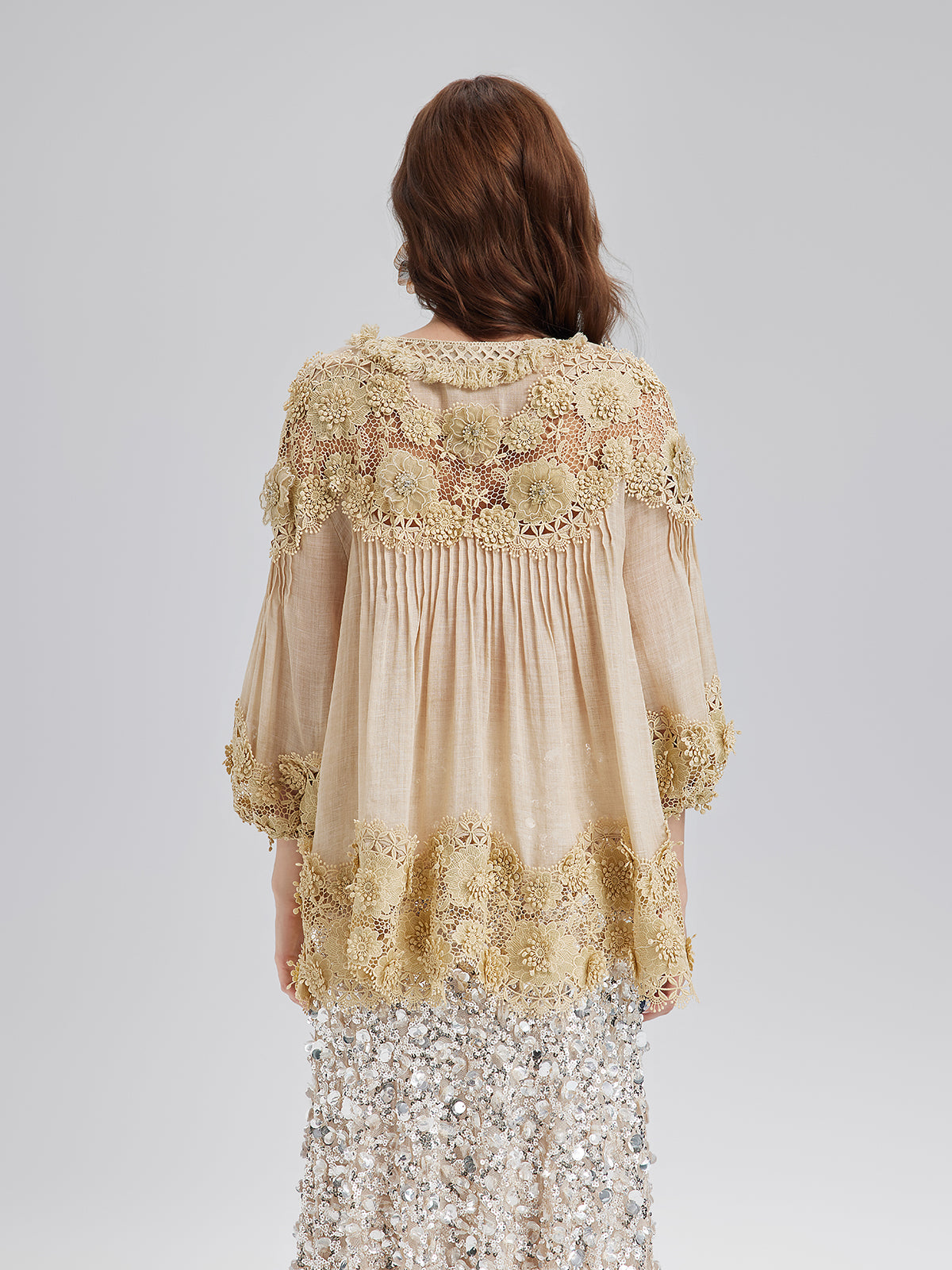 Lyocell Panelled Pleated Floral Lace Top