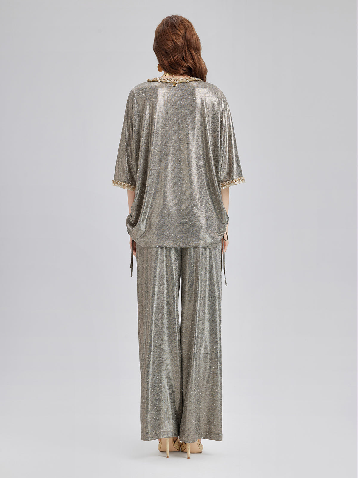 Hand-Beaded Silver Pleated Set