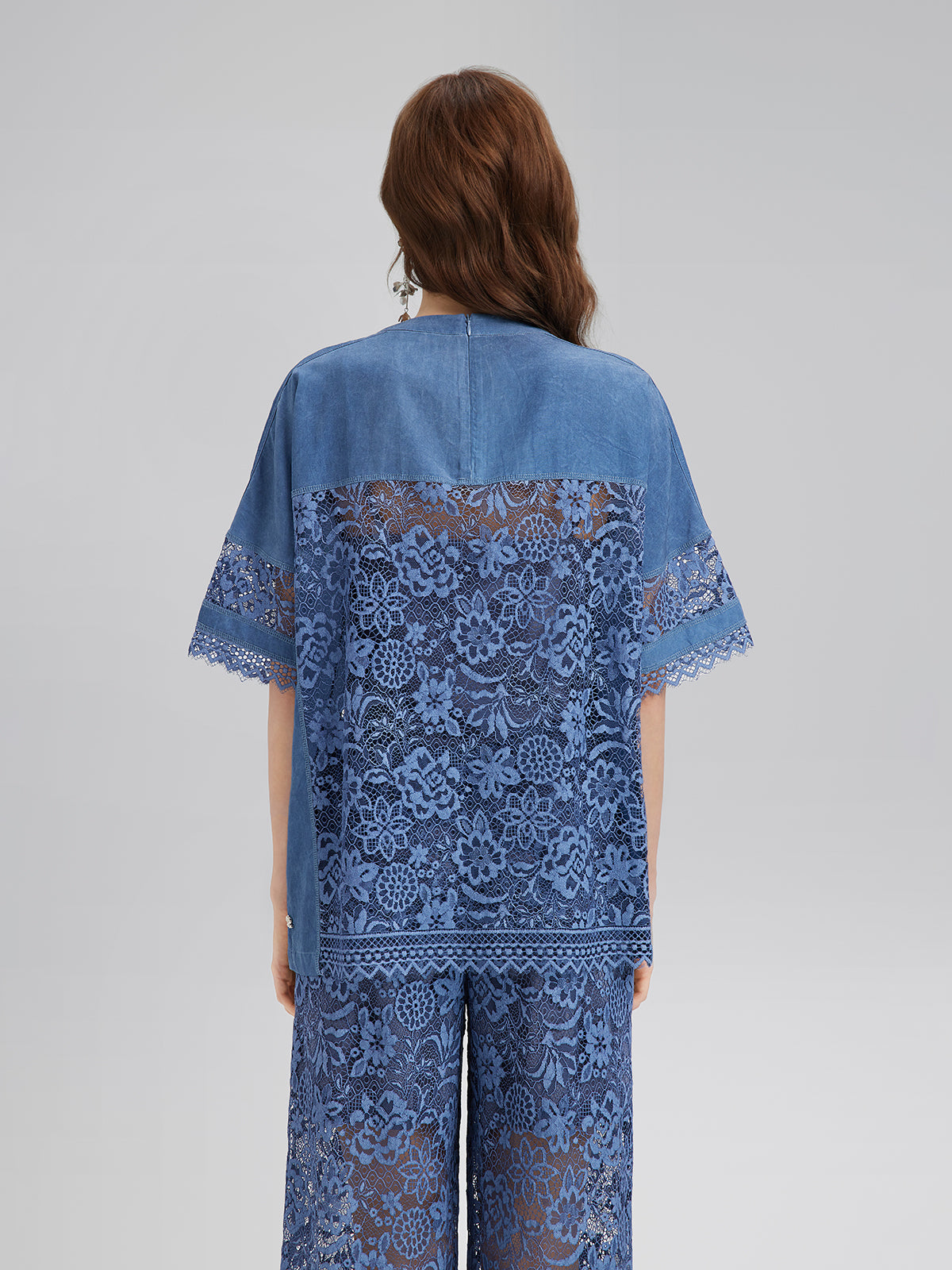 Hand-Beaded Lace Panel V-Neck Top