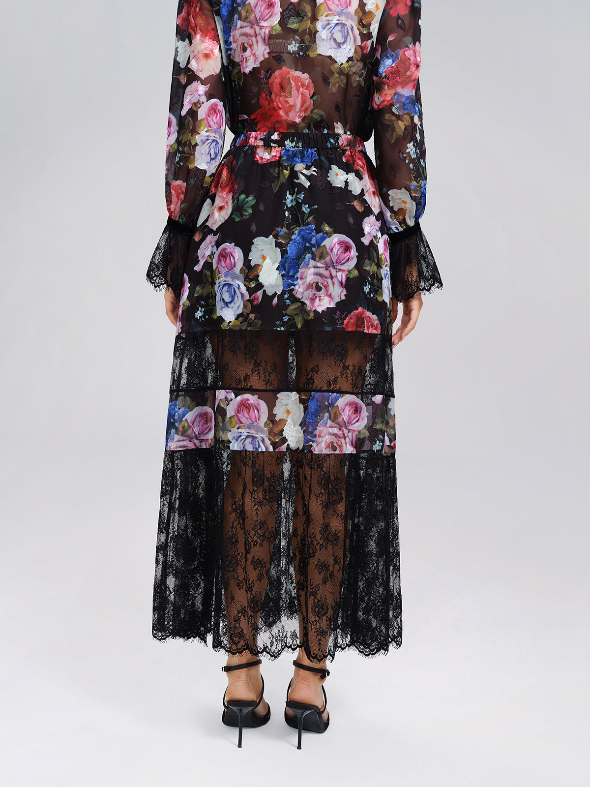 Oil Rose Print Lace Mesh Skirt