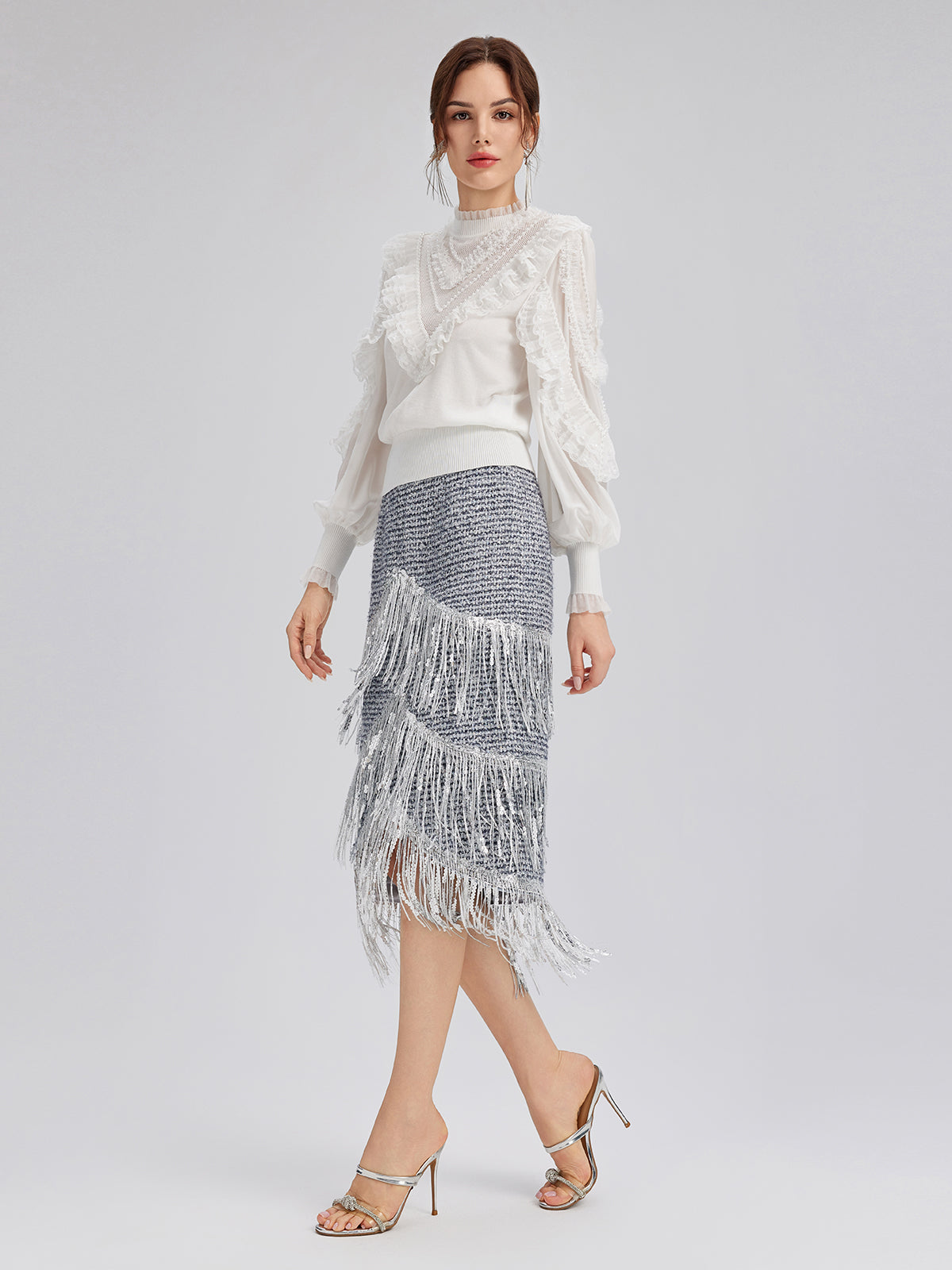 Silk-Sleeved Lace-Pearl Paneled Knit Blouse