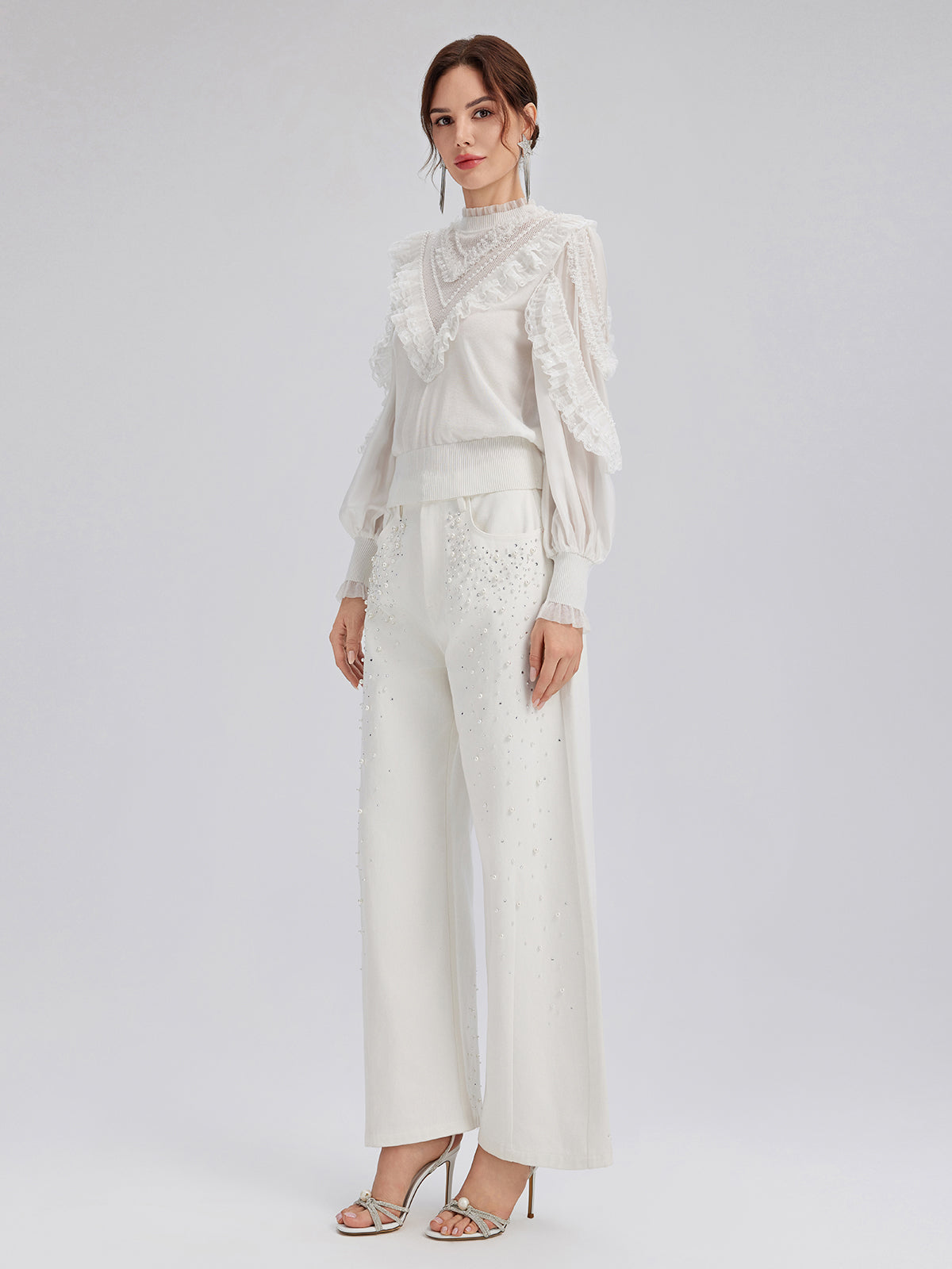 Silk-Sleeved Lace-Pearl Paneled Knit Blouse