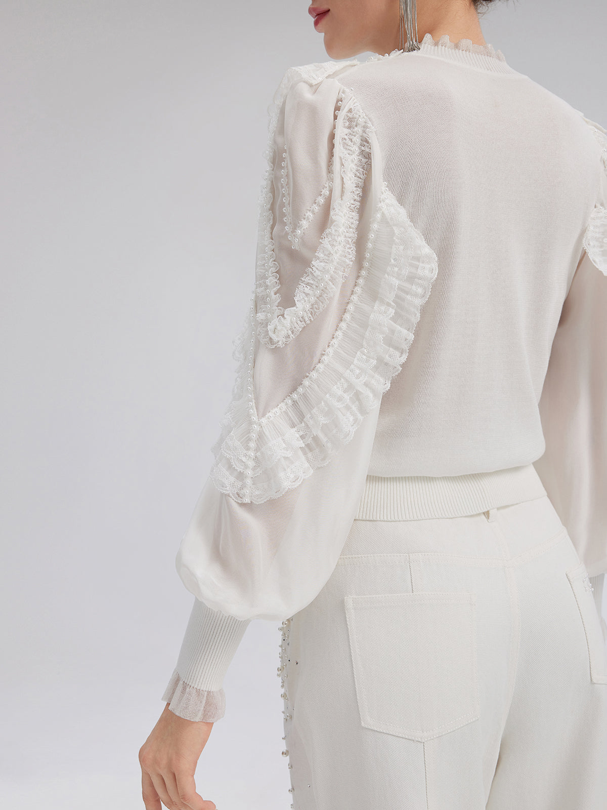 Silk-Sleeved Lace-Pearl Paneled Knit Blouse