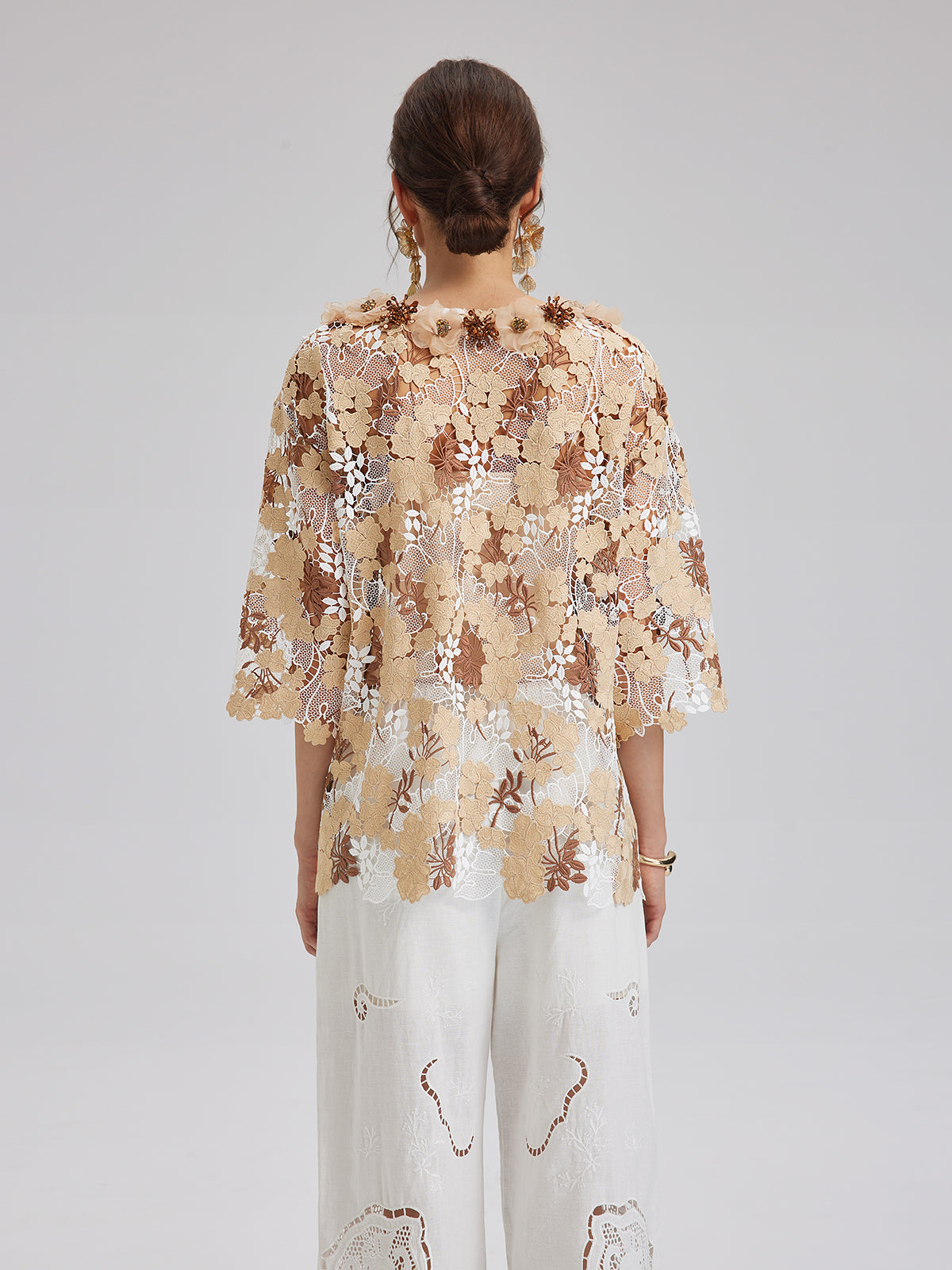 Rhinestone Embroidered Florals Lace V-Neck Top