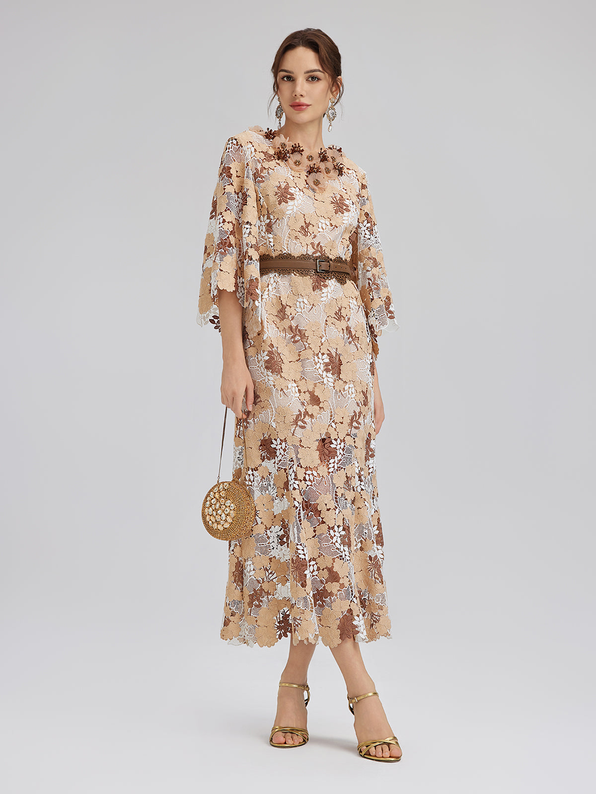 Final Sale | Rhinestone Openwork Embroidered Florals Lace Dress