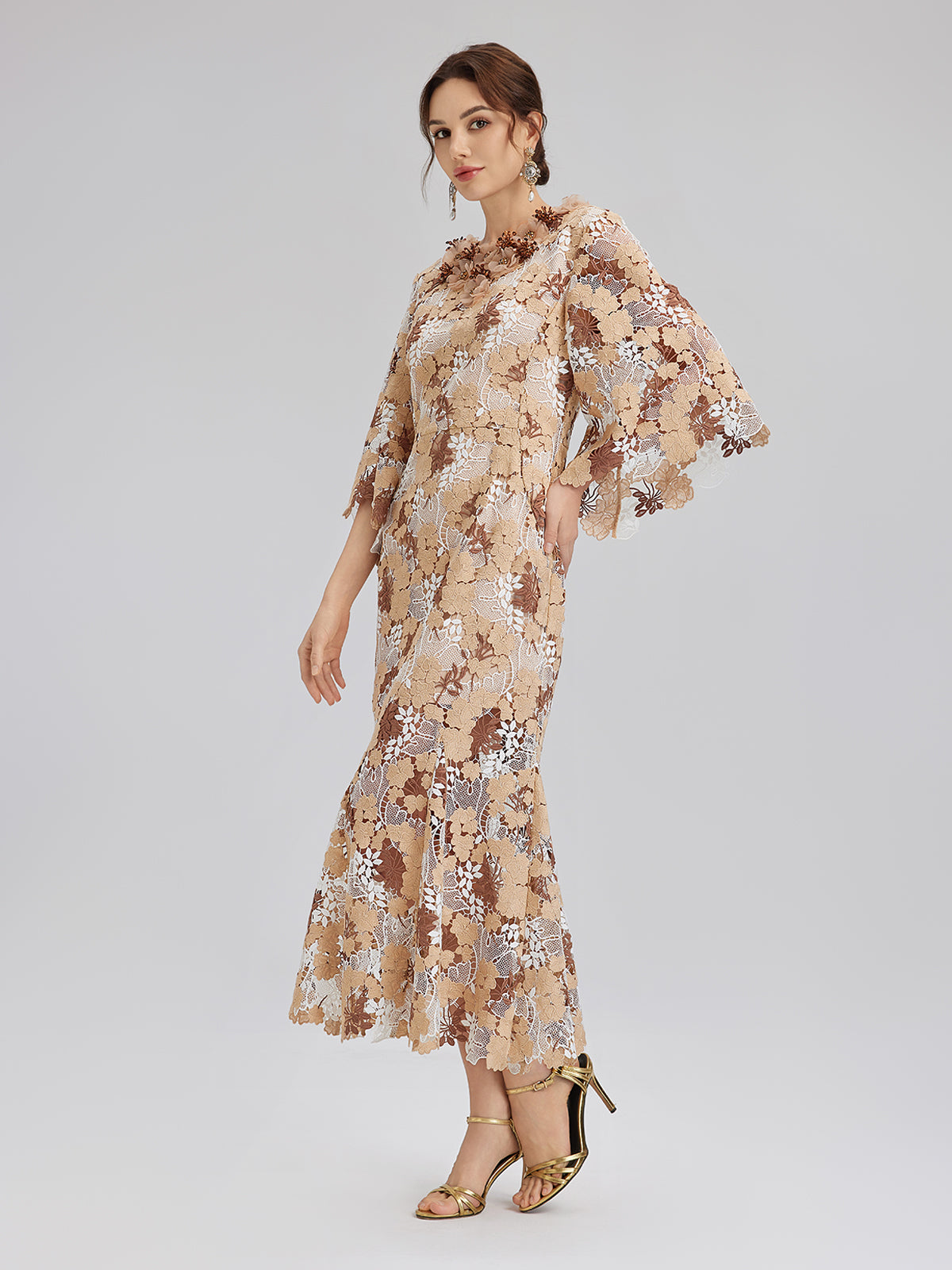 Final Sale | Rhinestone Openwork Embroidered Florals Lace Dress