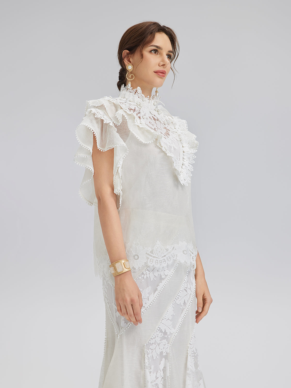 Ruffled Lace Trim Silk-Linen Blouse