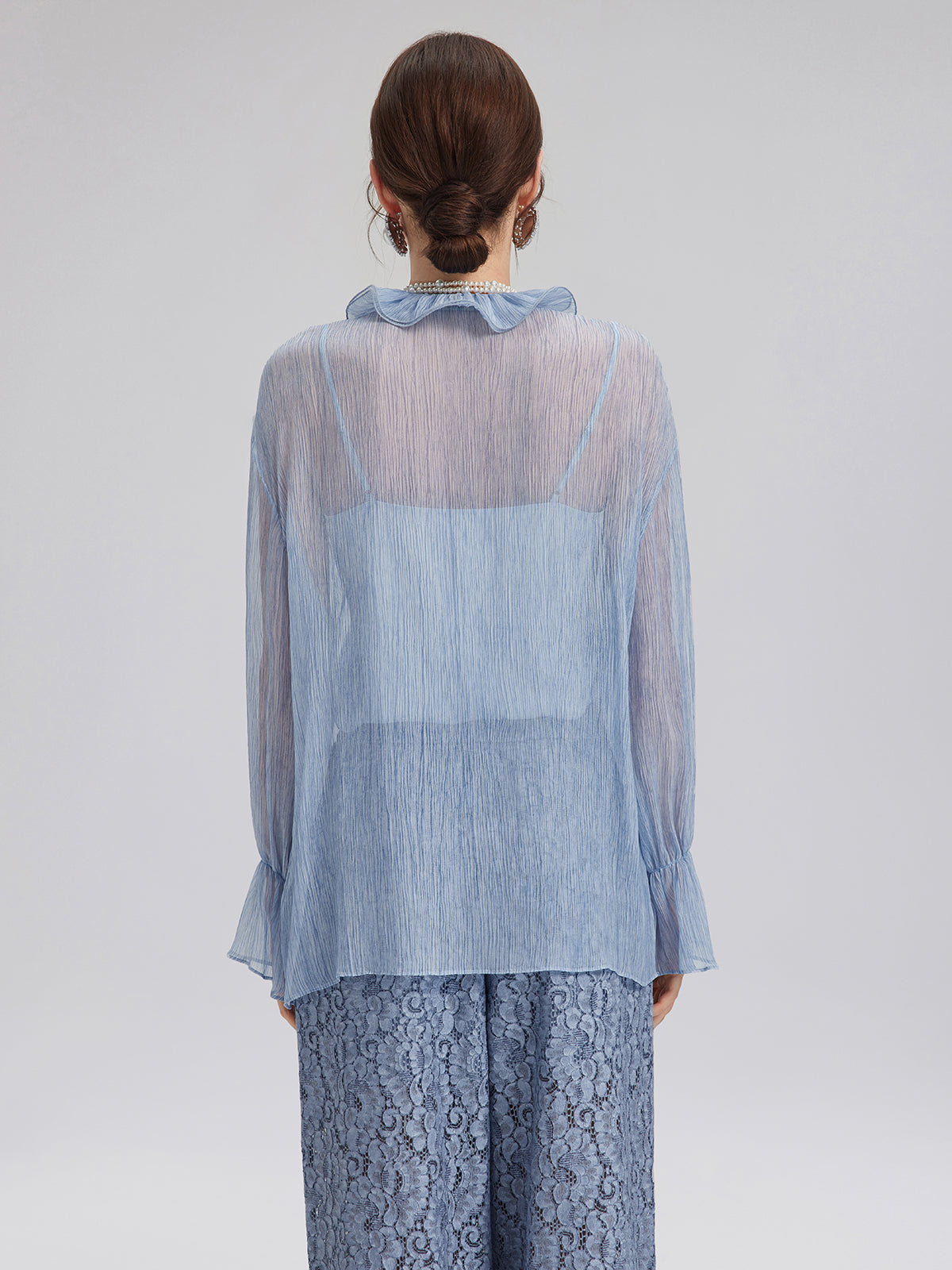 Garment Dyeing Hand-Beaded Ruffle Silk Blouse