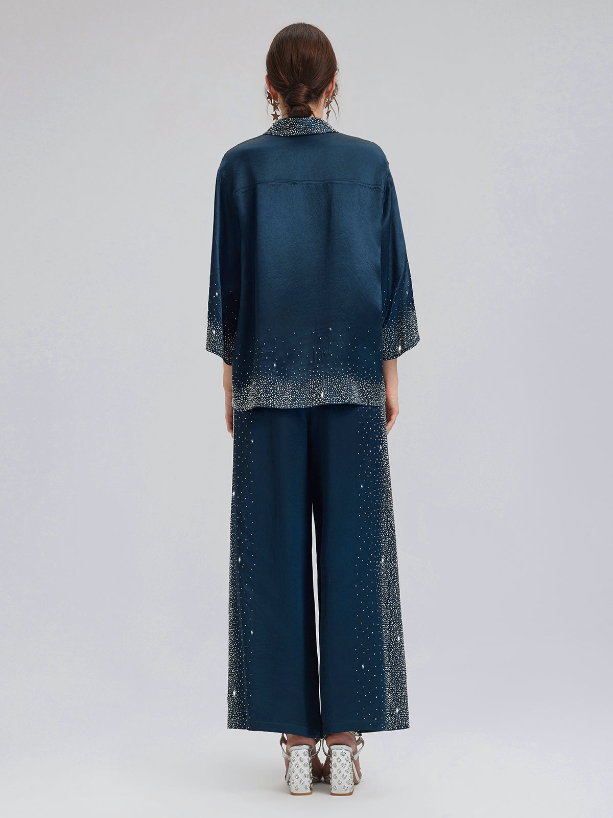 Crystal-Embellished Stretch Waistband Wide-Leg Pants