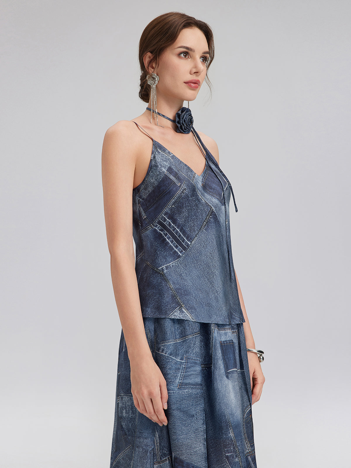 Denim-Print Silk Satin Cami