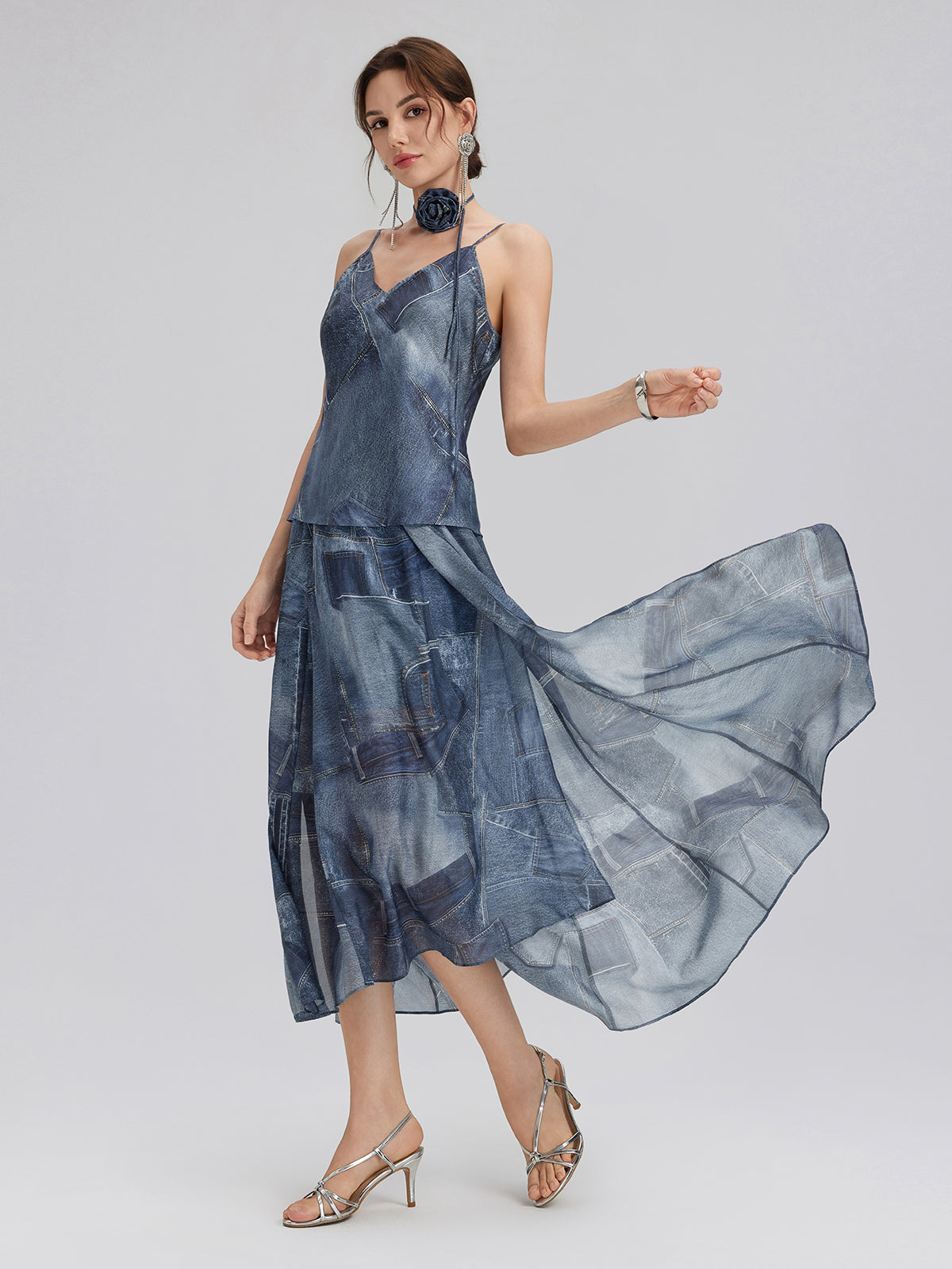 Denim-Print Silk Satin Cami