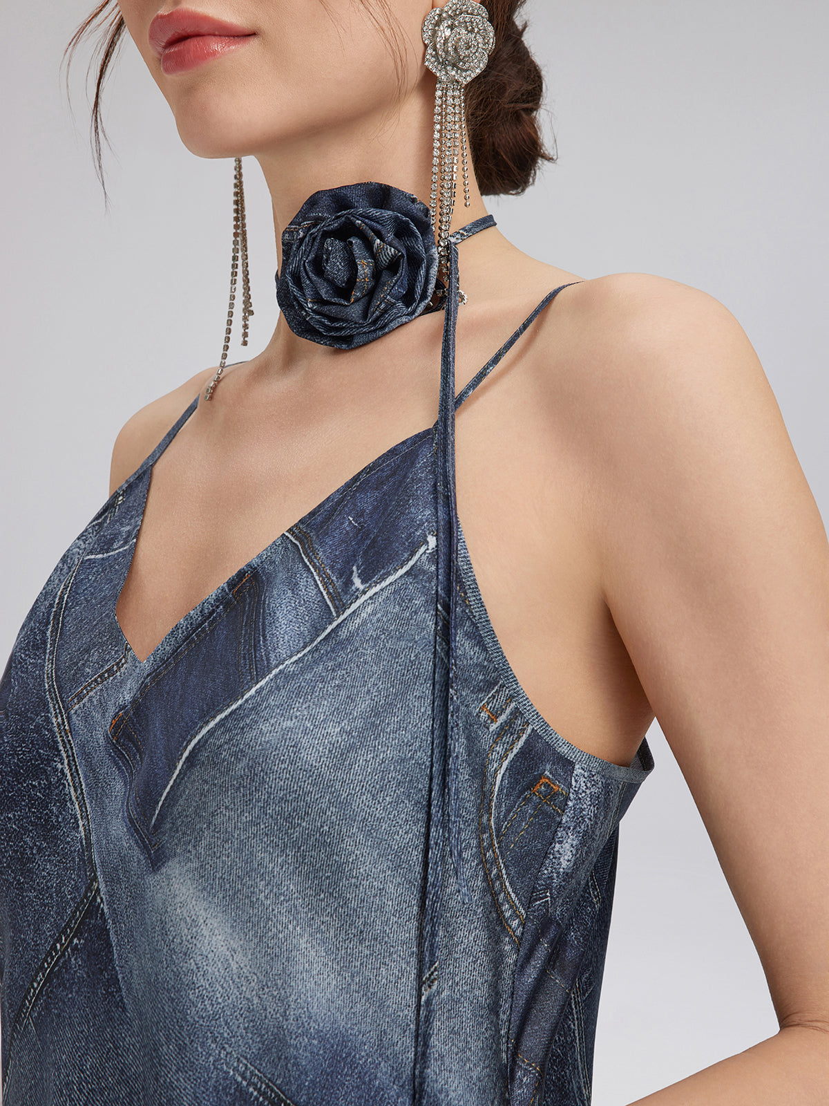 Denim-Print Silk Satin Cami