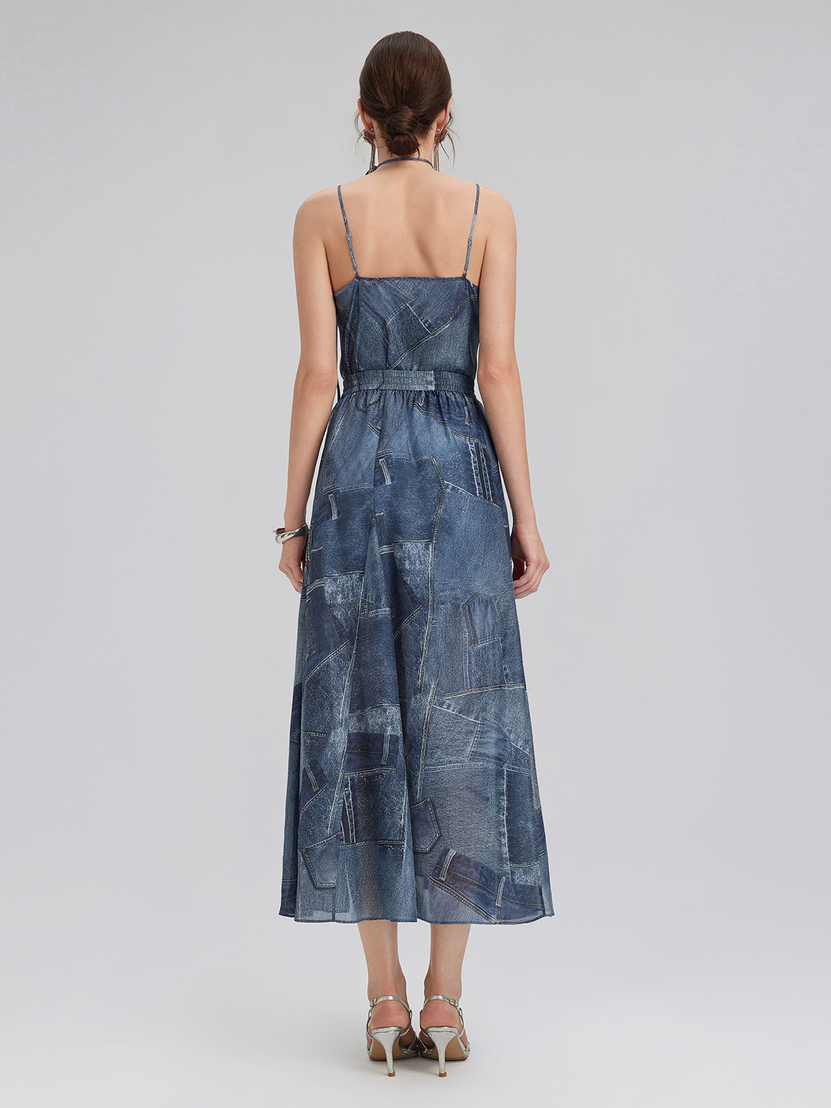 Denim-Print Silk Satin Cami