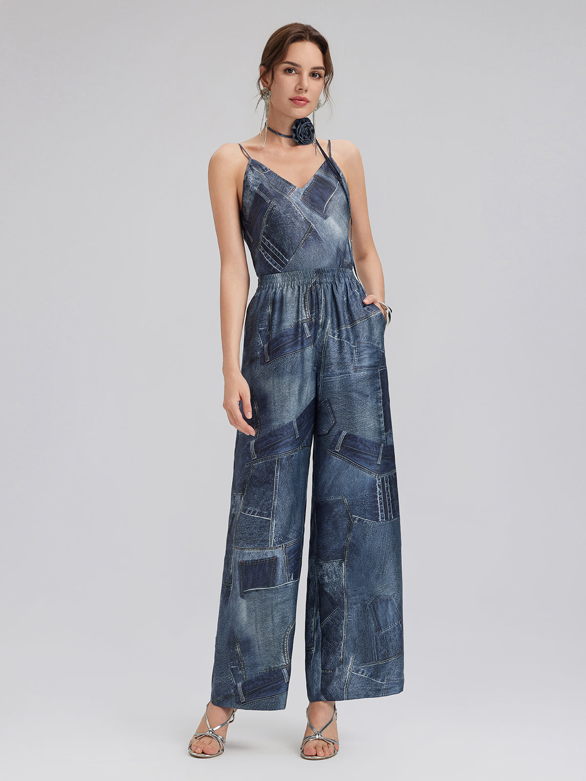 Denim-Print Silk Satin Cami
