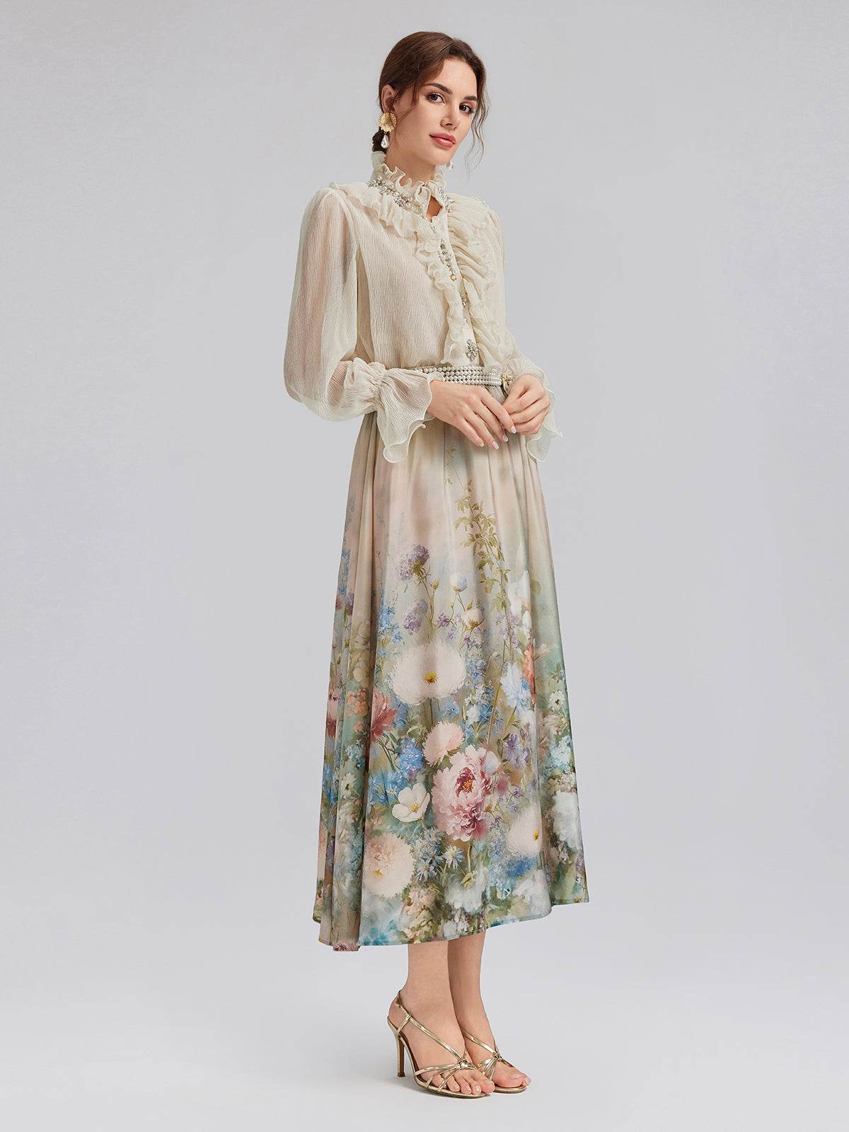 Impressionist Floral Silk Tie-Neck Blouse