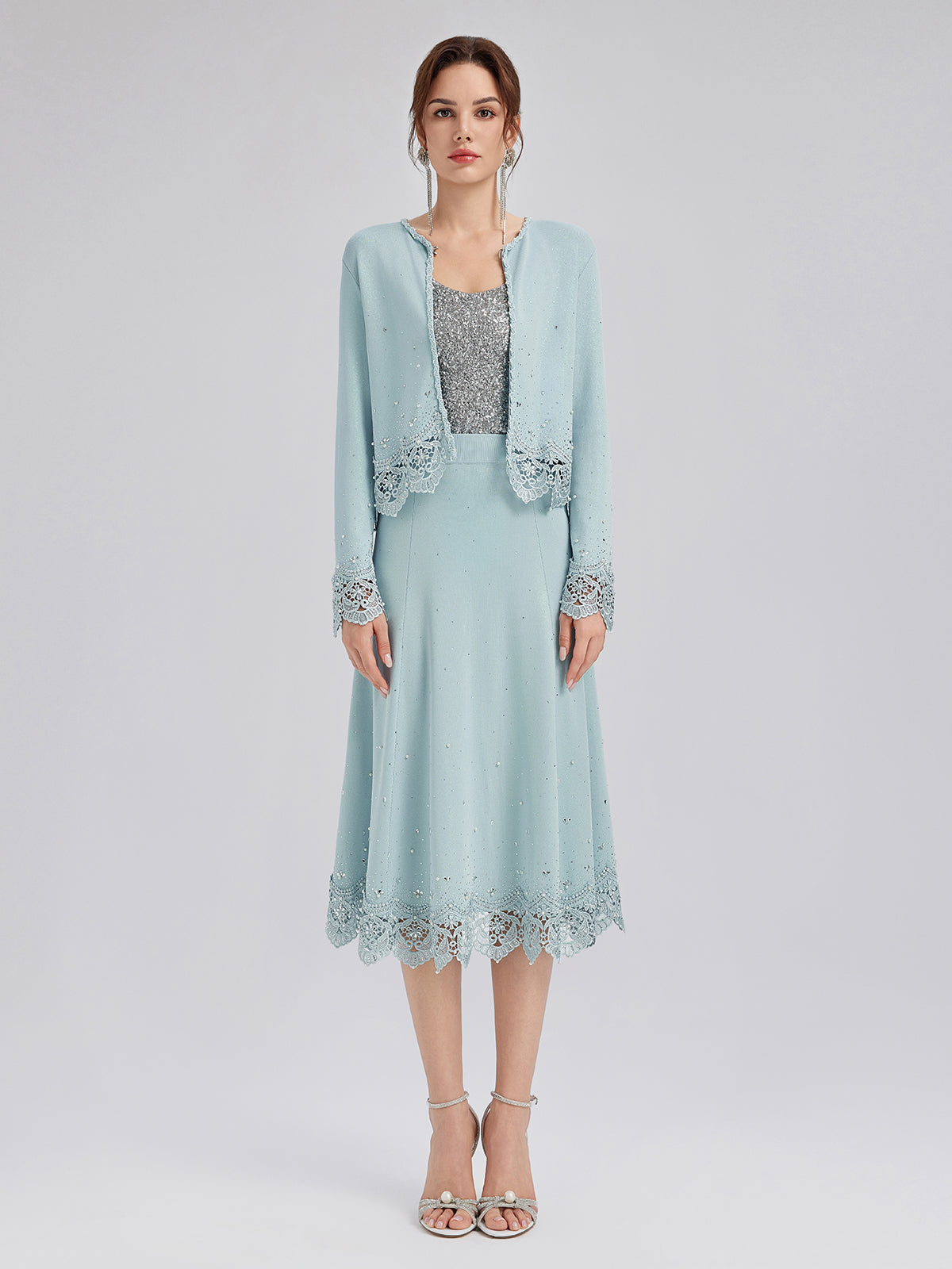 Rhinestone Lace Knit Elasticated Skirt