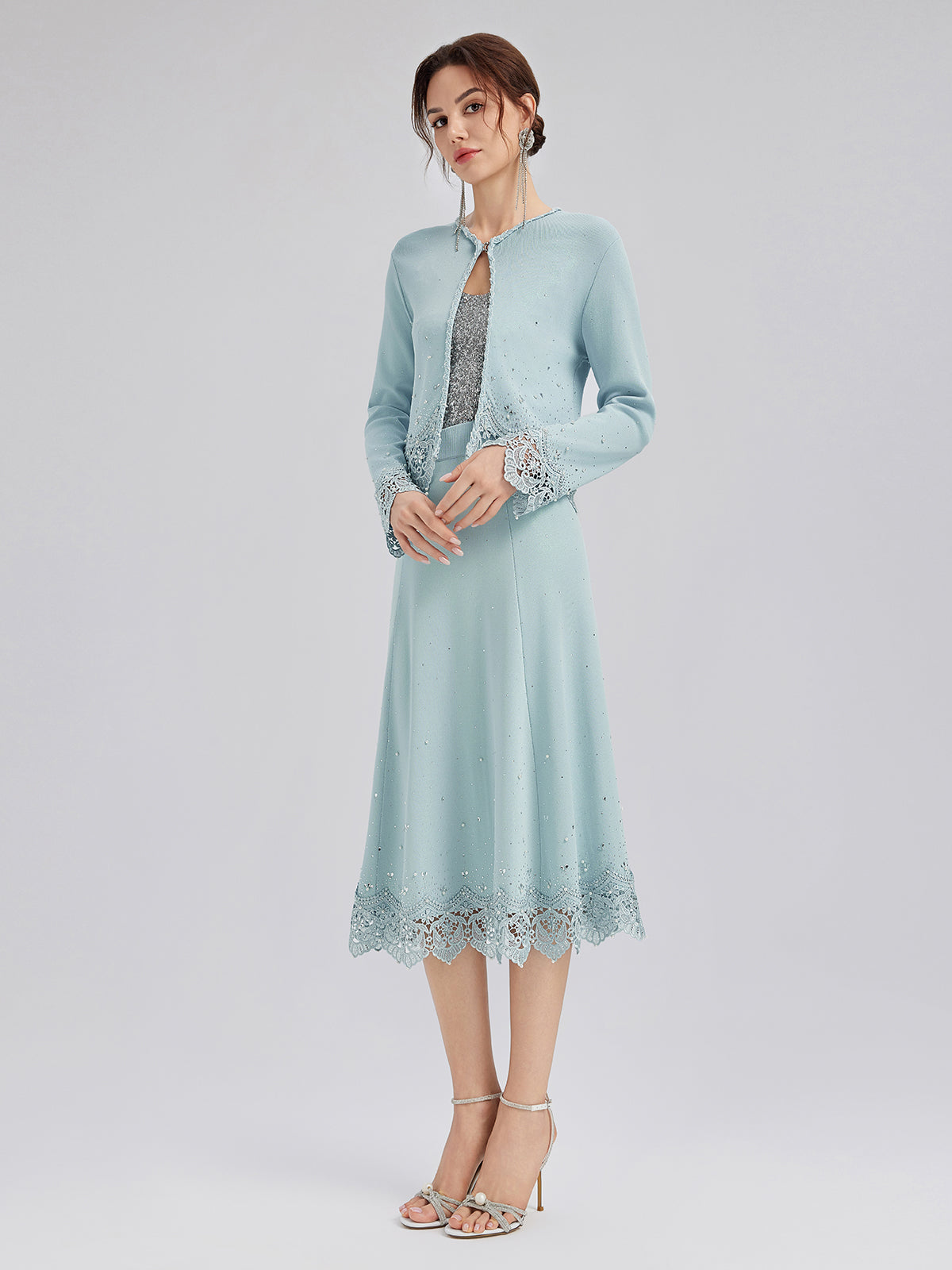 Rhinestone Lace Knit Elasticated Skirt