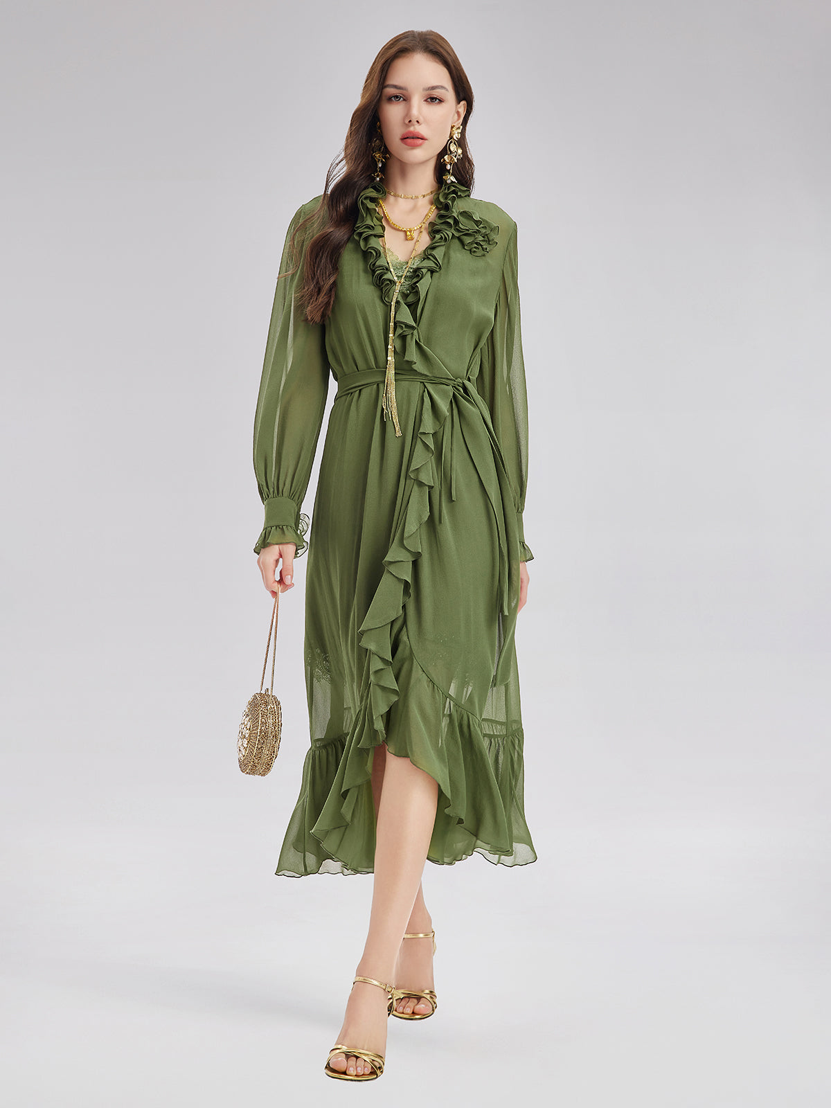 Final Sale | Silk Ruffle Hem Maxi Dress with Lace Cami