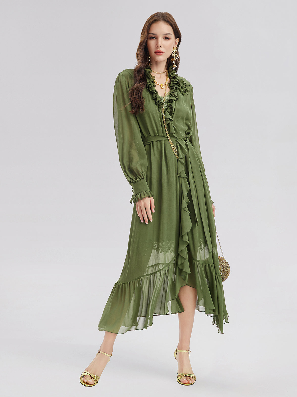 Final Sale | Silk Ruffle Hem Maxi Dress with Lace Cami