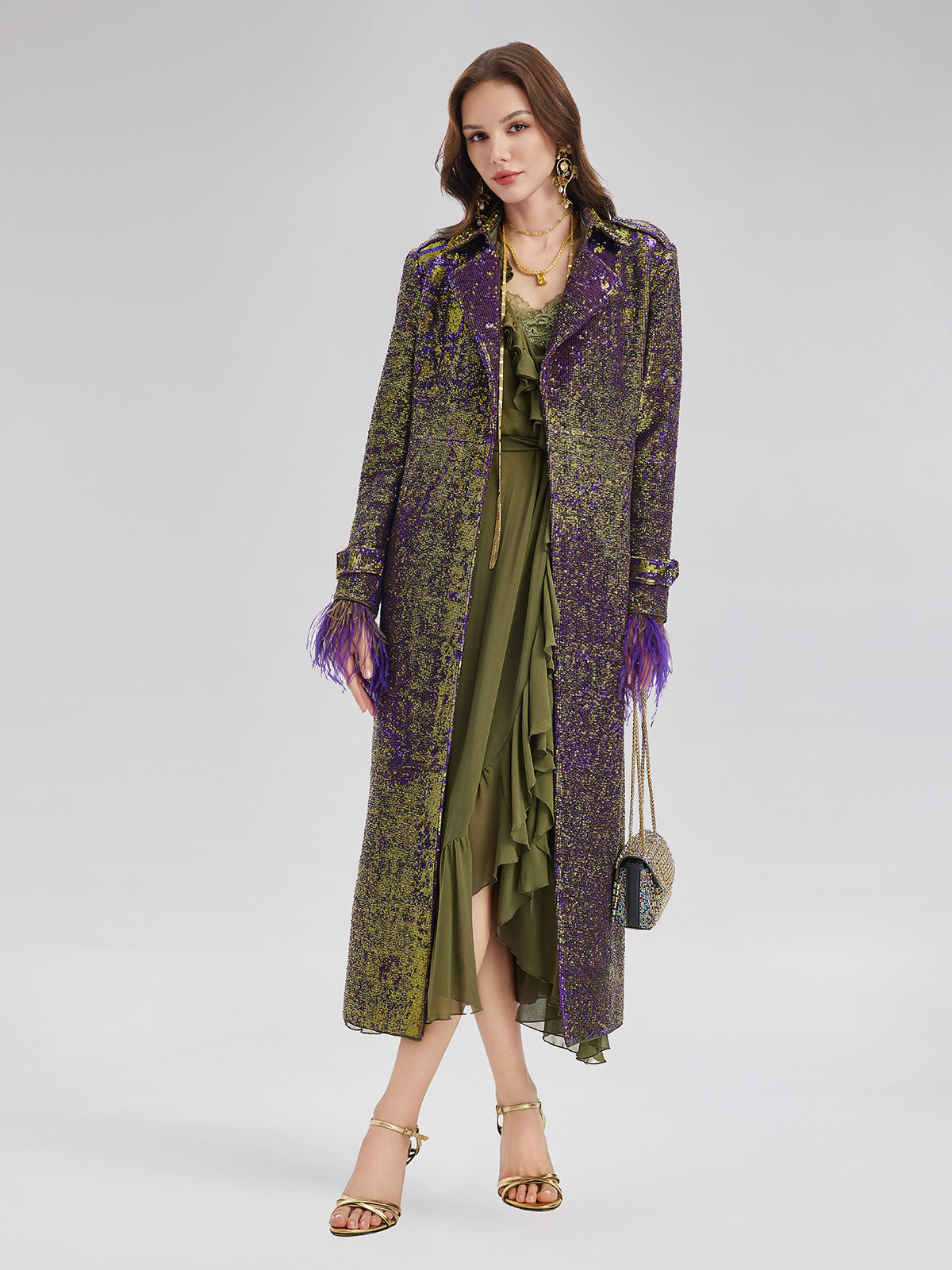 Final Sale | Two-Tone Sequin Ostrich Feather Trench Coat