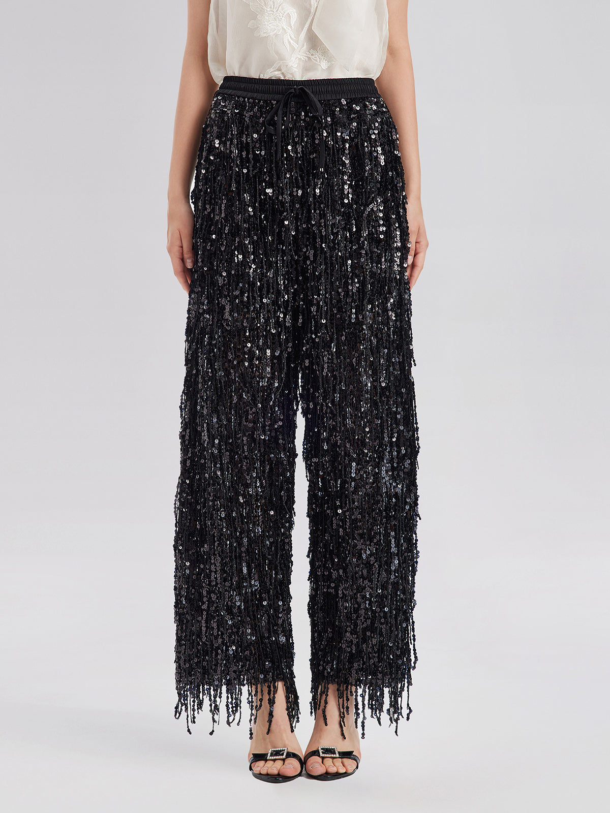 Sequin Fringe Elastic-Waist Pants