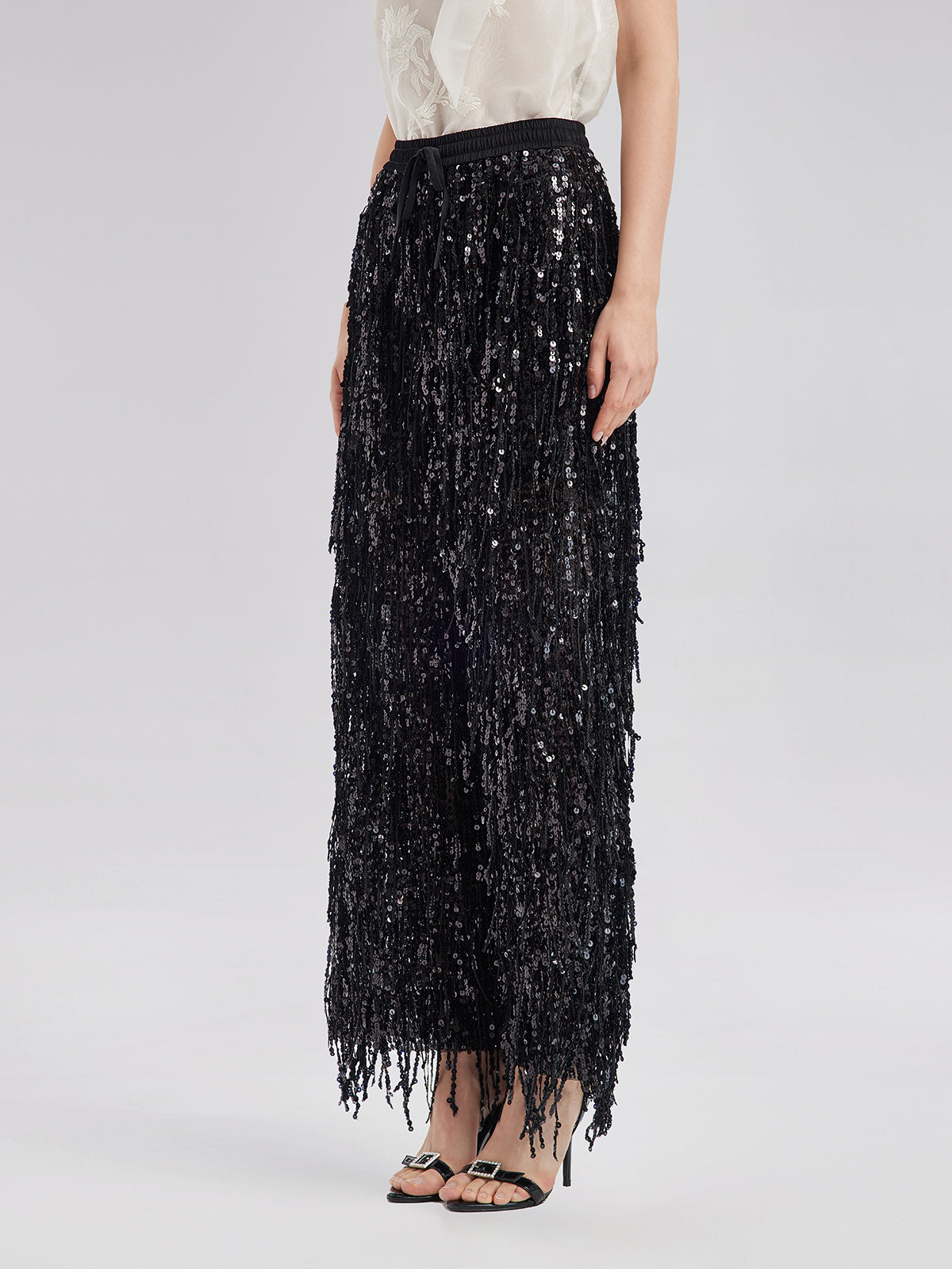 Sequin Fringe Elastic-Waist Pants