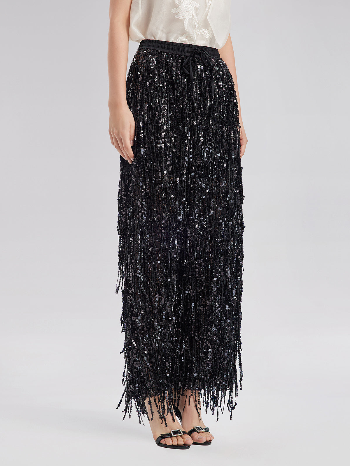 Sequin Fringe Elastic-Waist Pants