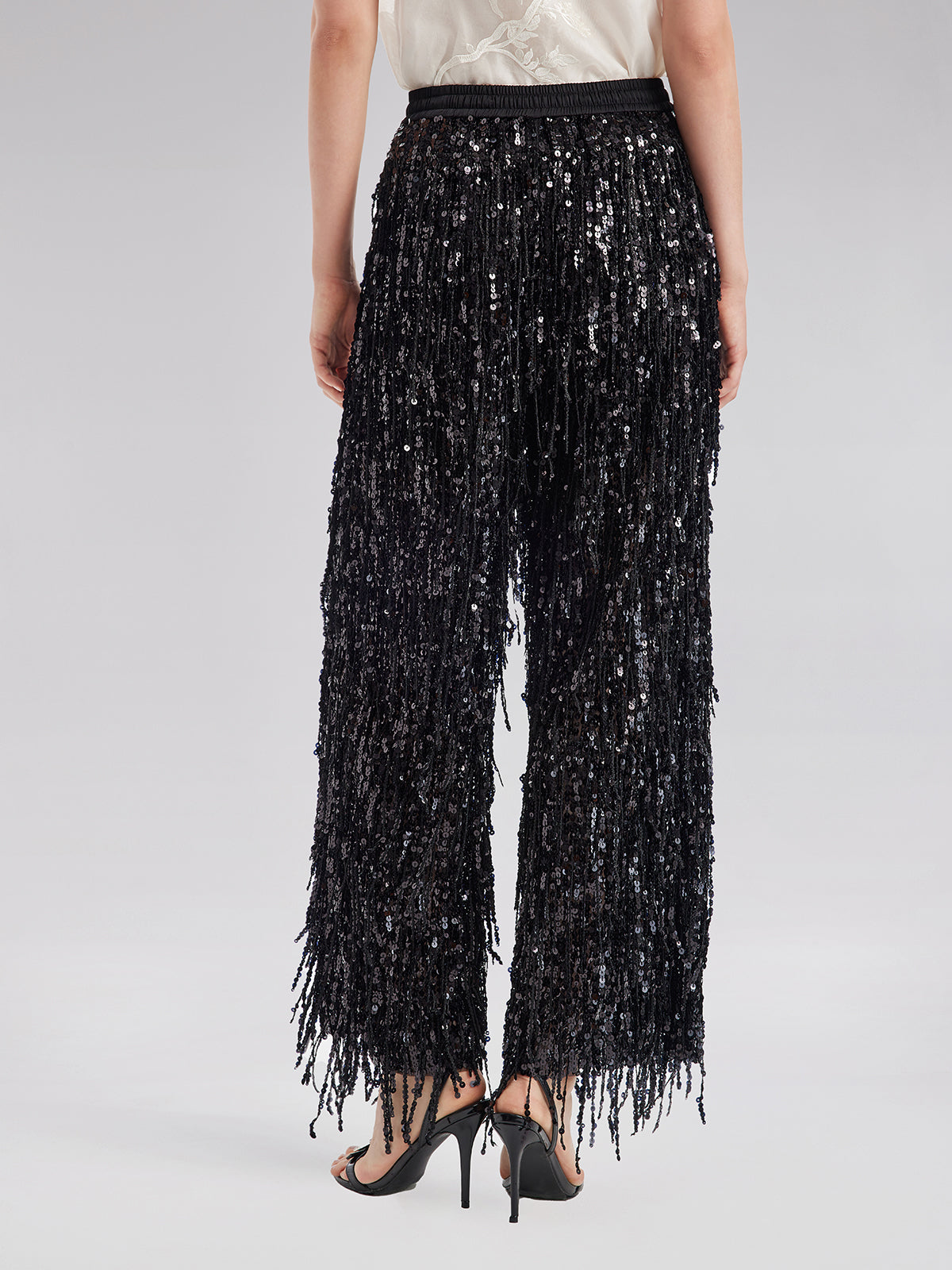 Sequin Fringe Elastic-Waist Pants