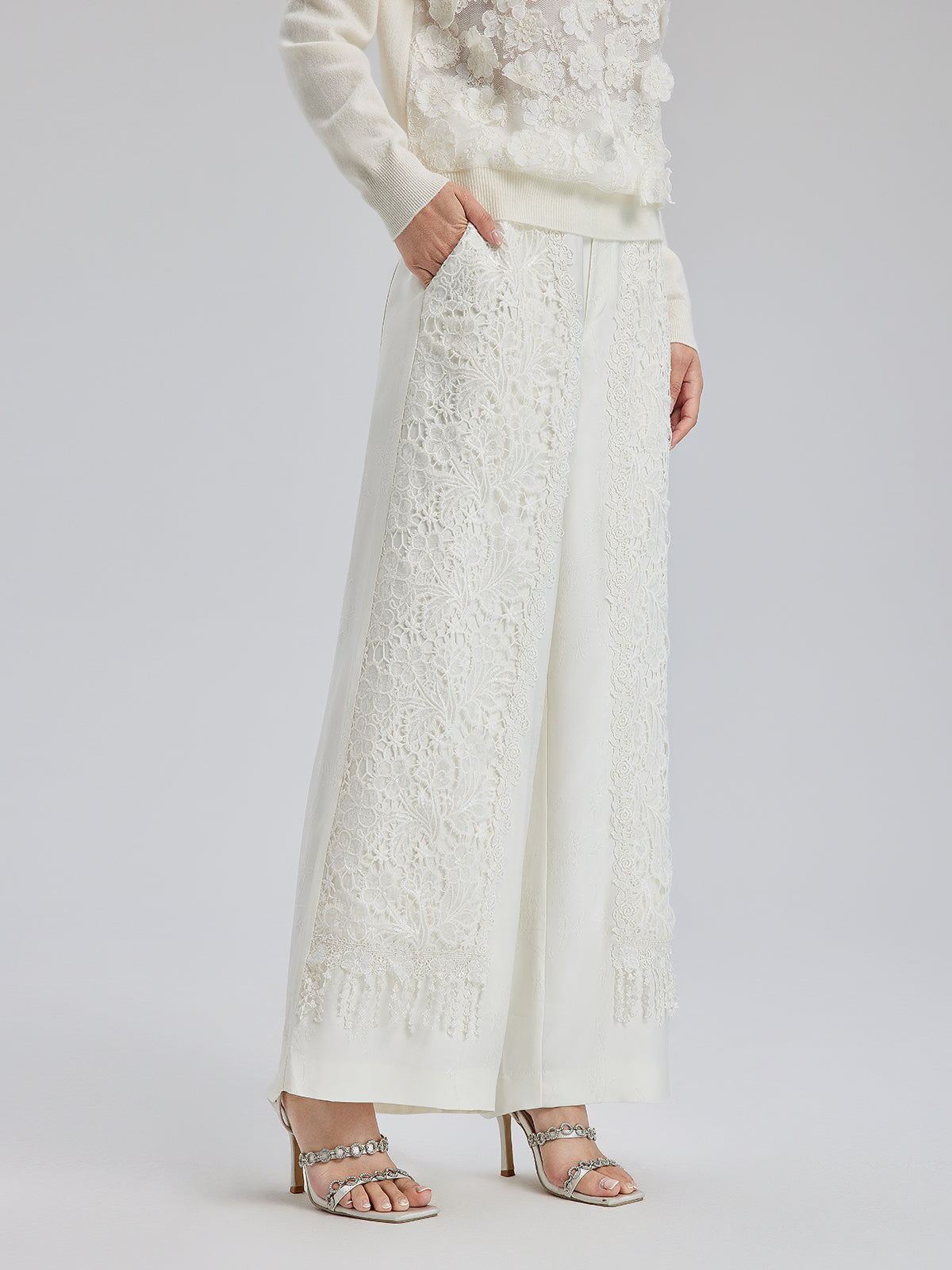 Final Sale | French Lace Patchwork Jacquard Satin Pants