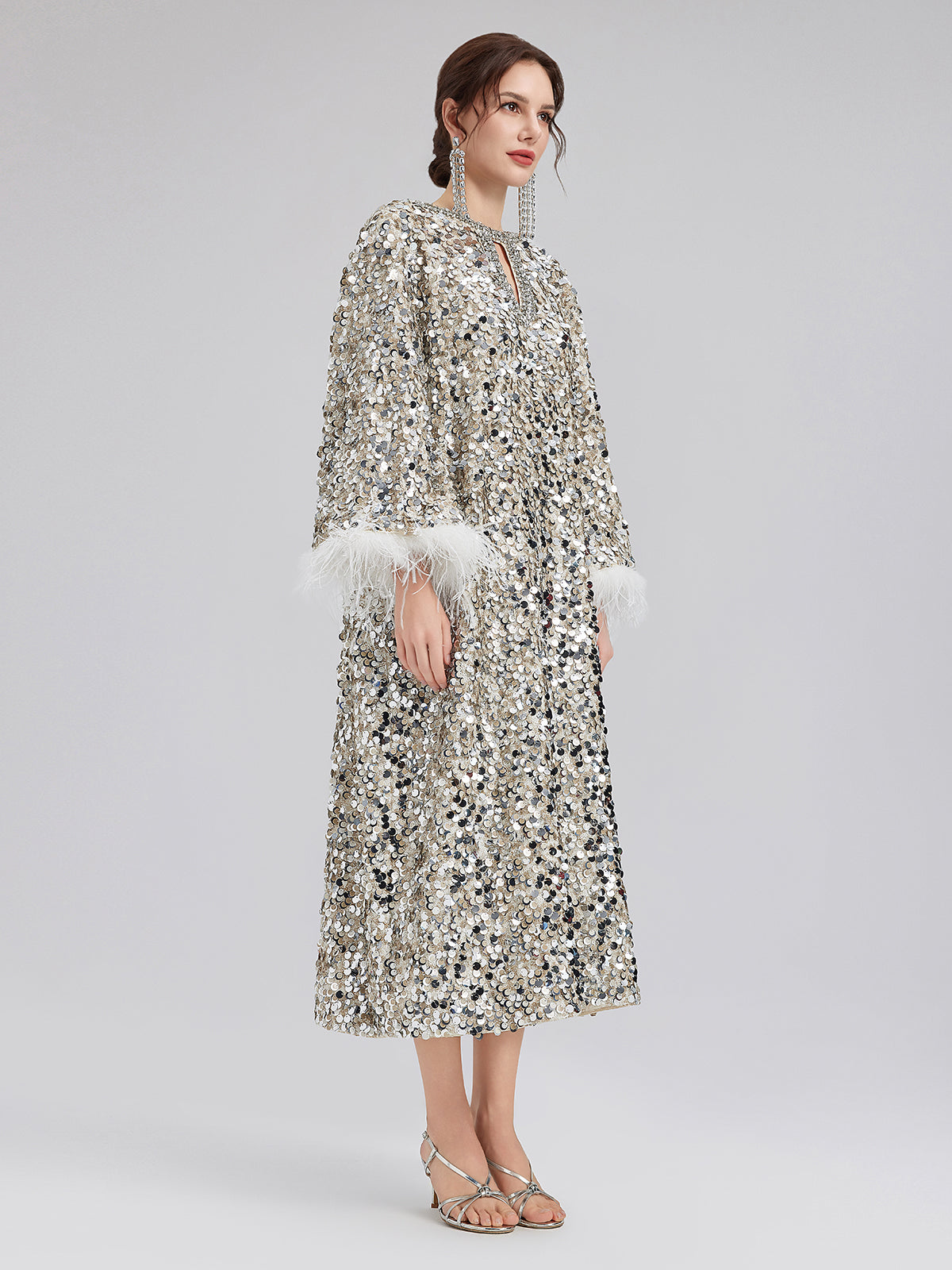 Final Sale | Dazzling Sequined Feather Cuff Dress
