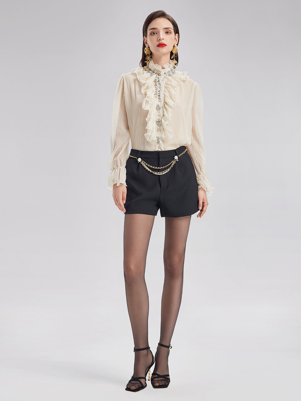 Ruffled Stand Collar Beaded Shirt