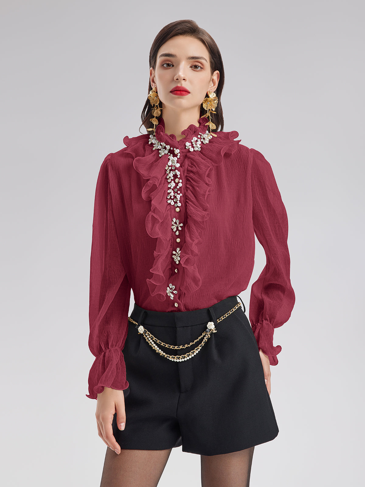 Ruffled Stand Collar Beaded Shirt