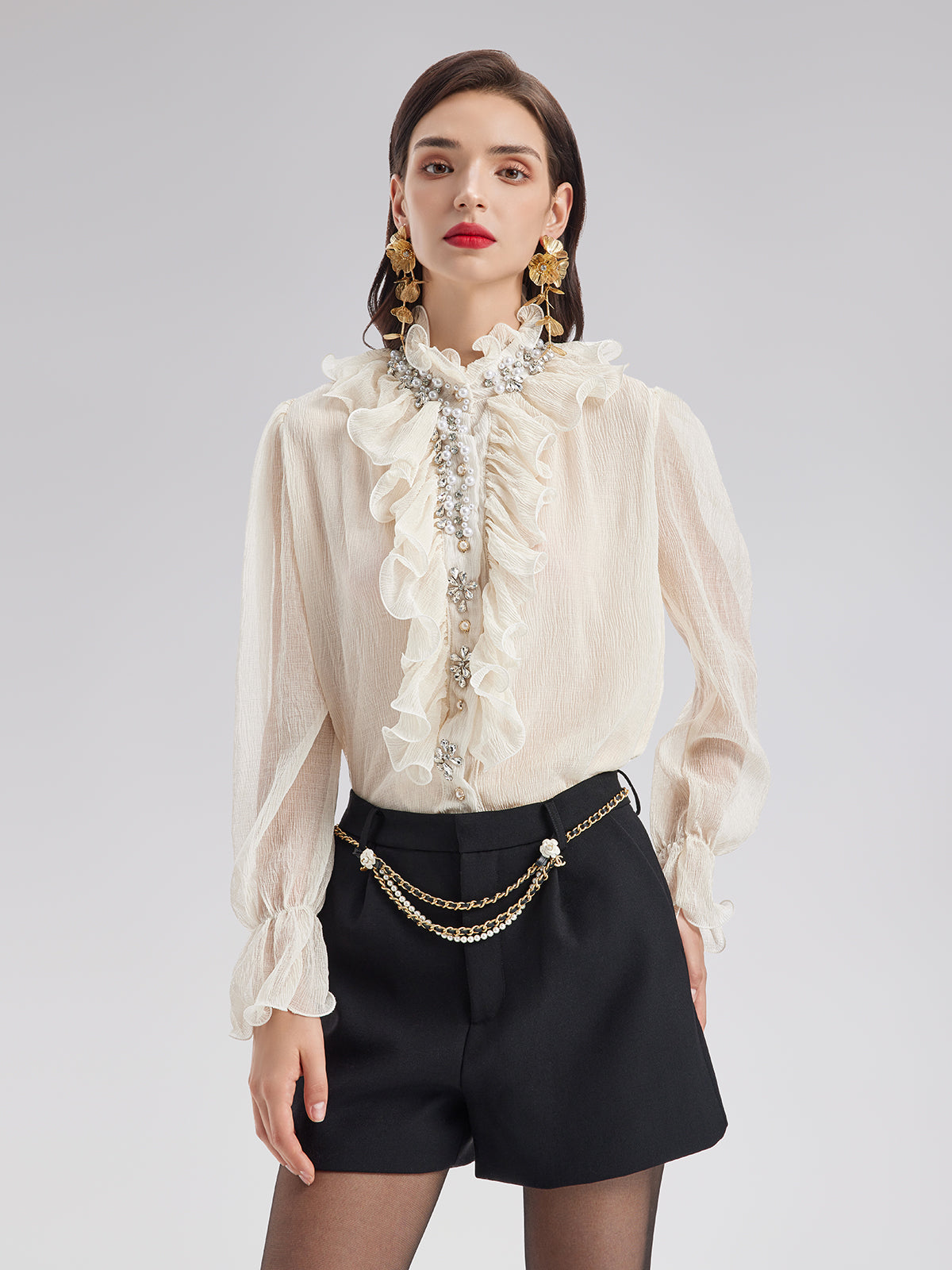 Ruffled Stand Collar Beaded Shirt
