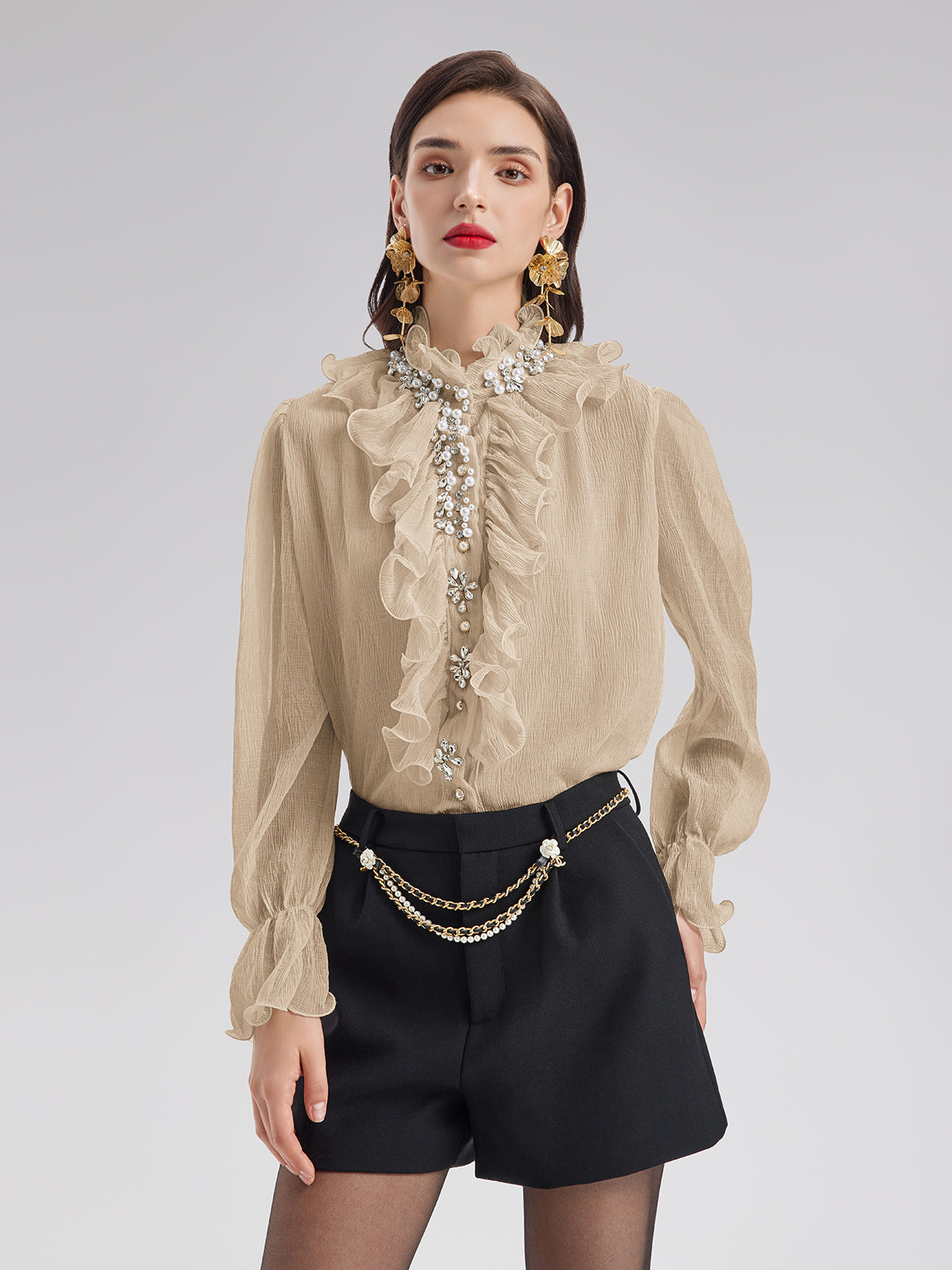 Ruffled Stand Collar Beaded Shirt