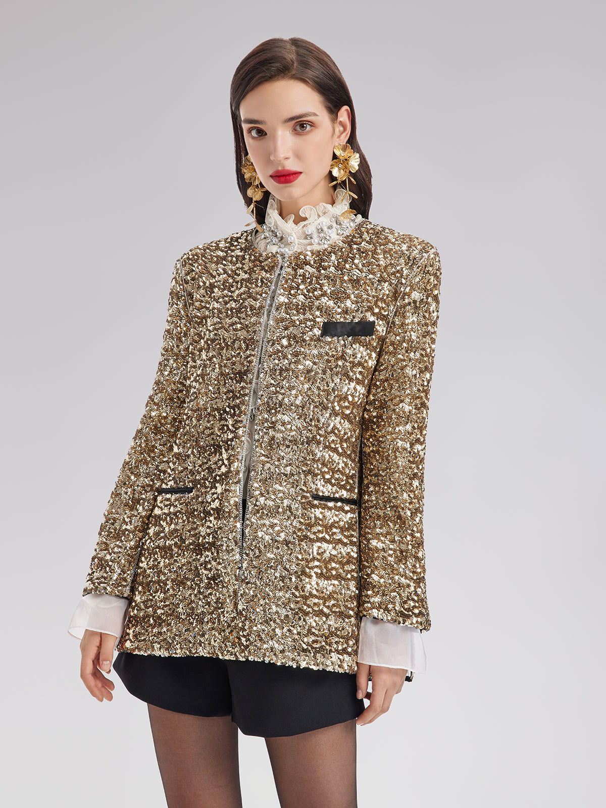 Ruffled Stand Collar Beaded Shirt - Star Queen