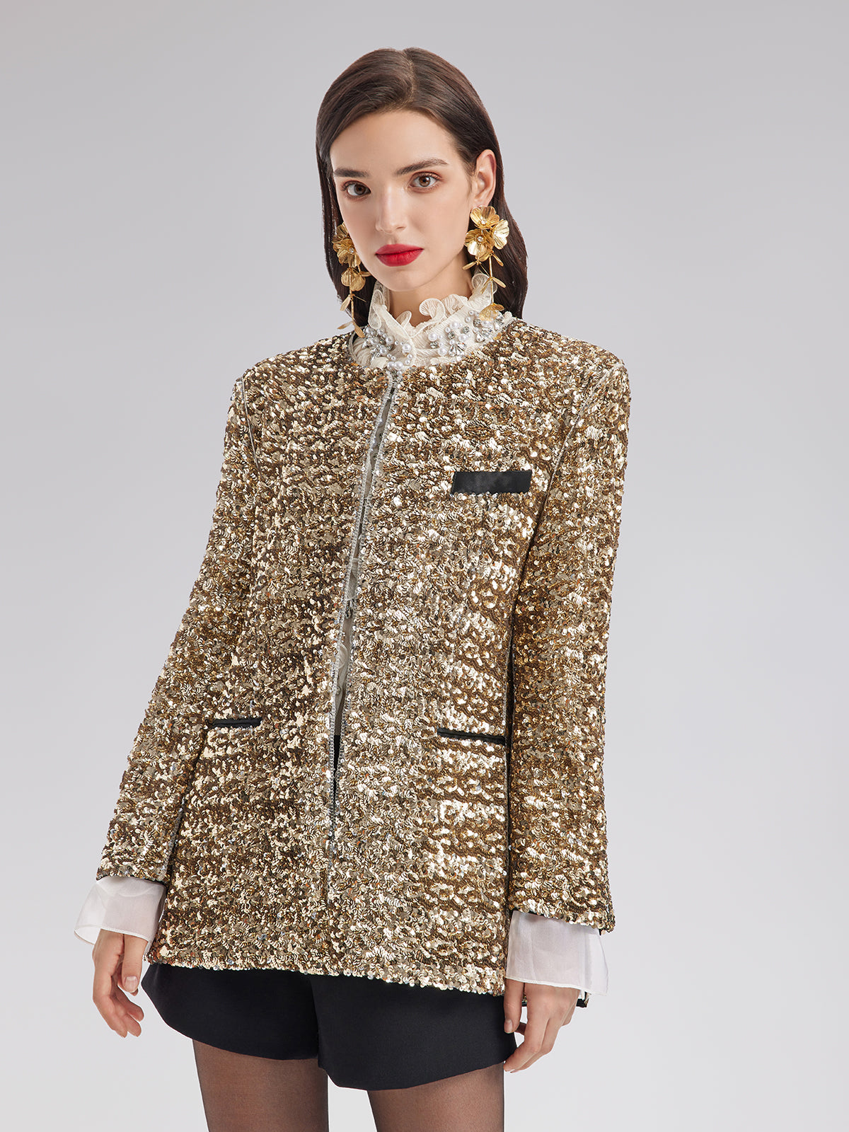 Ruffled Stand Collar Beaded Shirt - Star Queen
