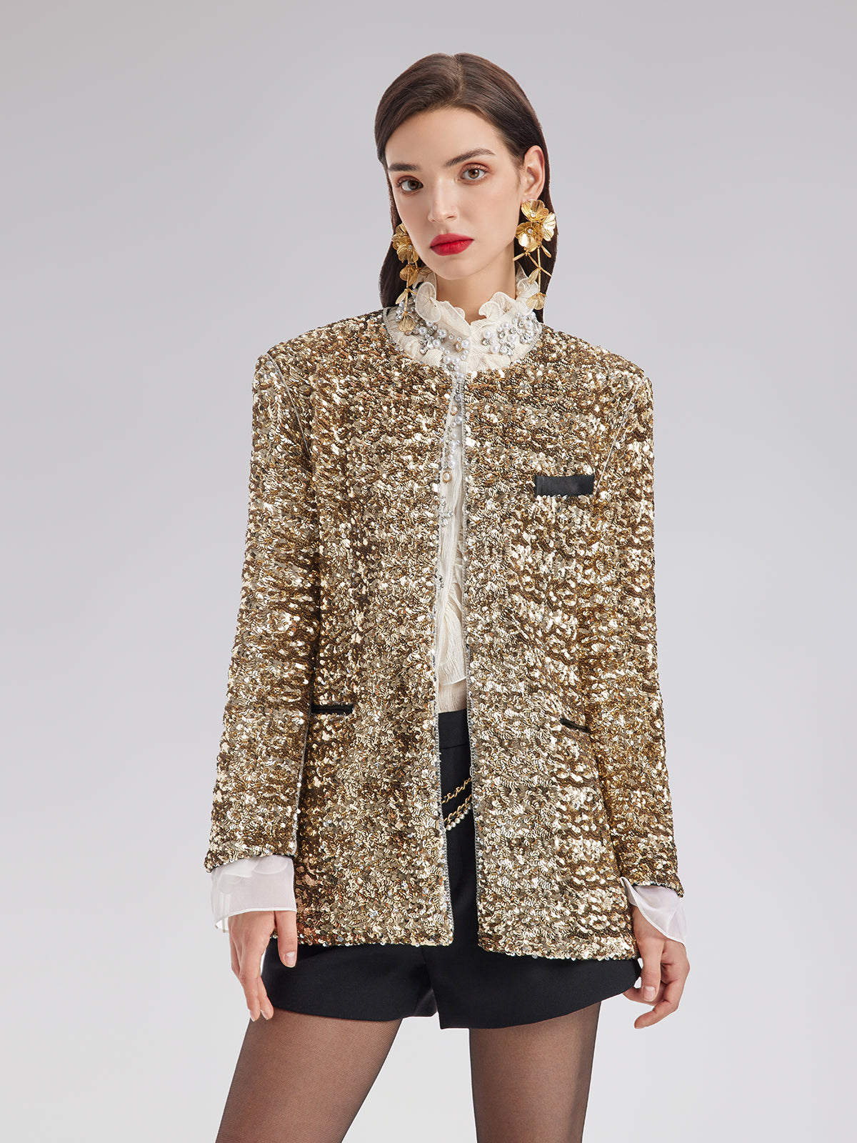 Ruffled Stand Collar Beaded Shirt - Chic Style