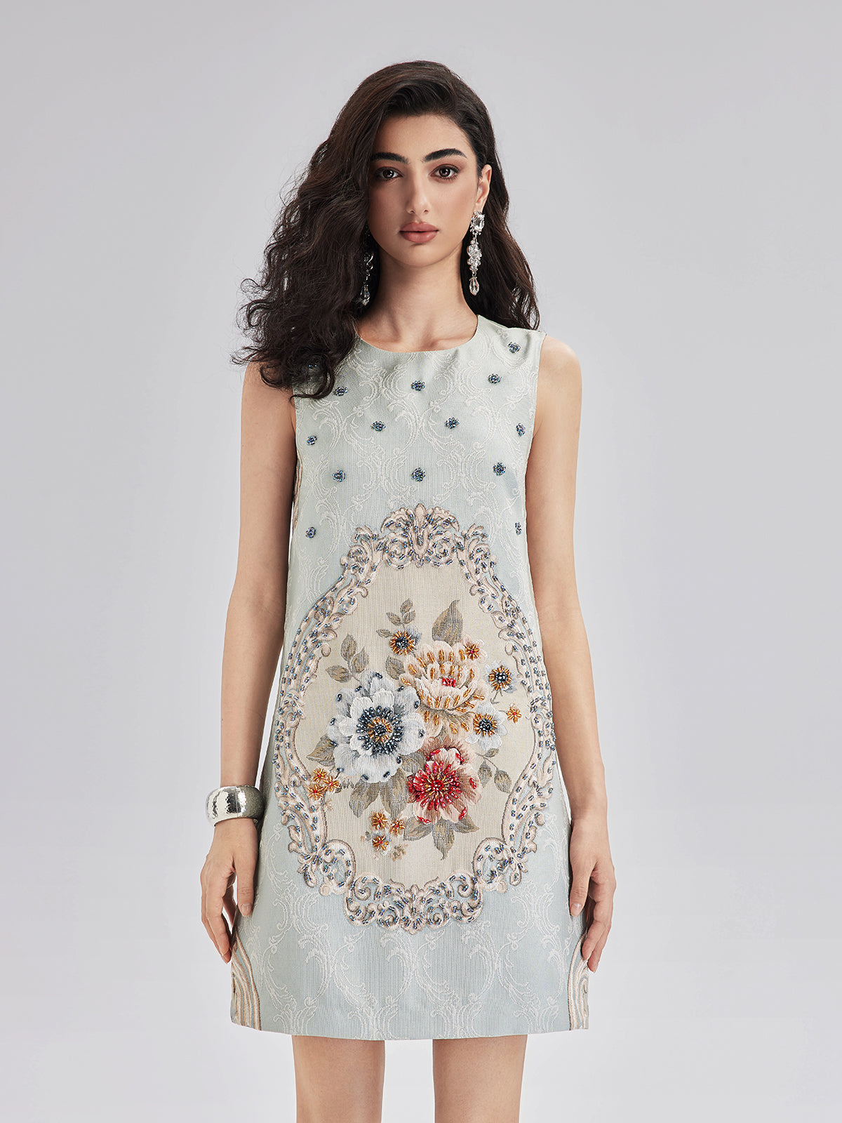 Hand-Sewn Beaded Floral Tank Dress, Light Blue / XL Hand-Sewn Beaded Floral Tank Dress, Light Blue / XL