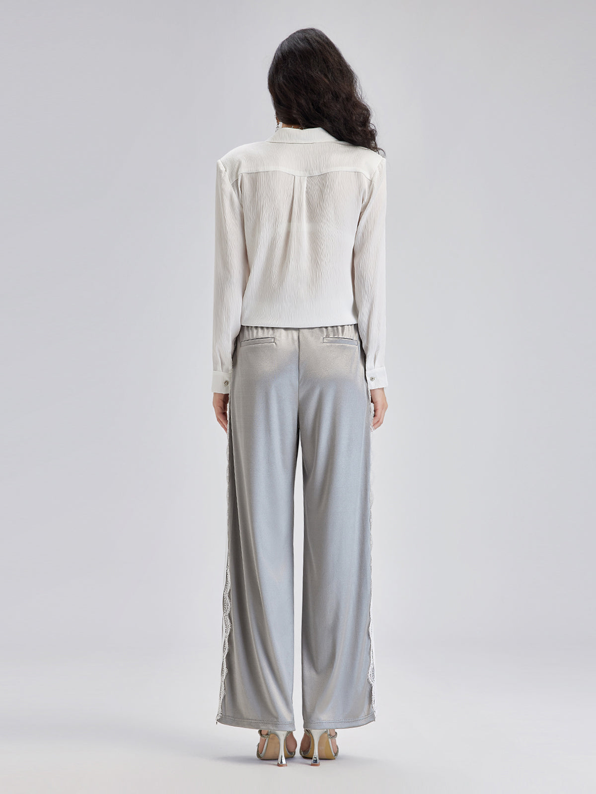 Silver Lace Trim Wide Leg Pants - Chic Style