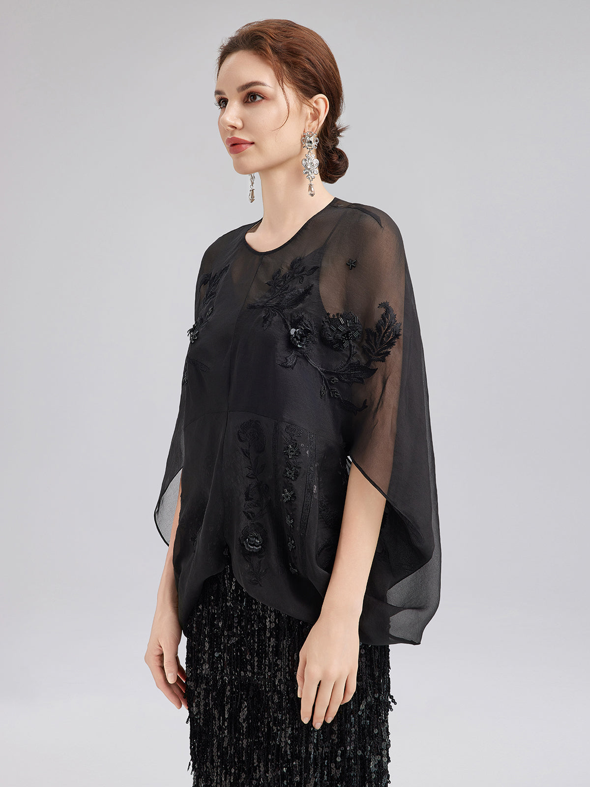 Luxe Sensual Sheer Silk Embroidered Blouse